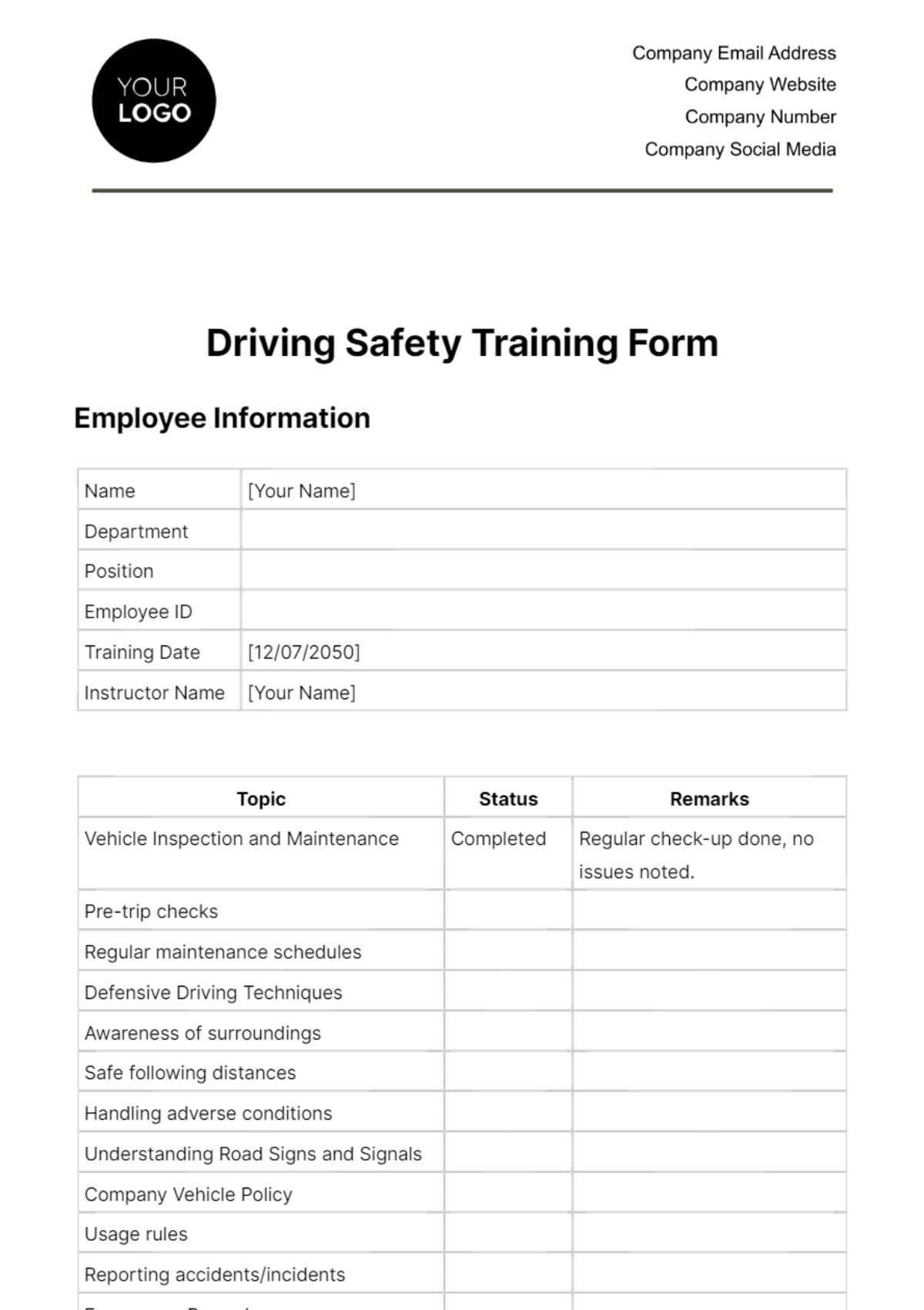 Driving Safety Training Form Template - Edit Online & Download