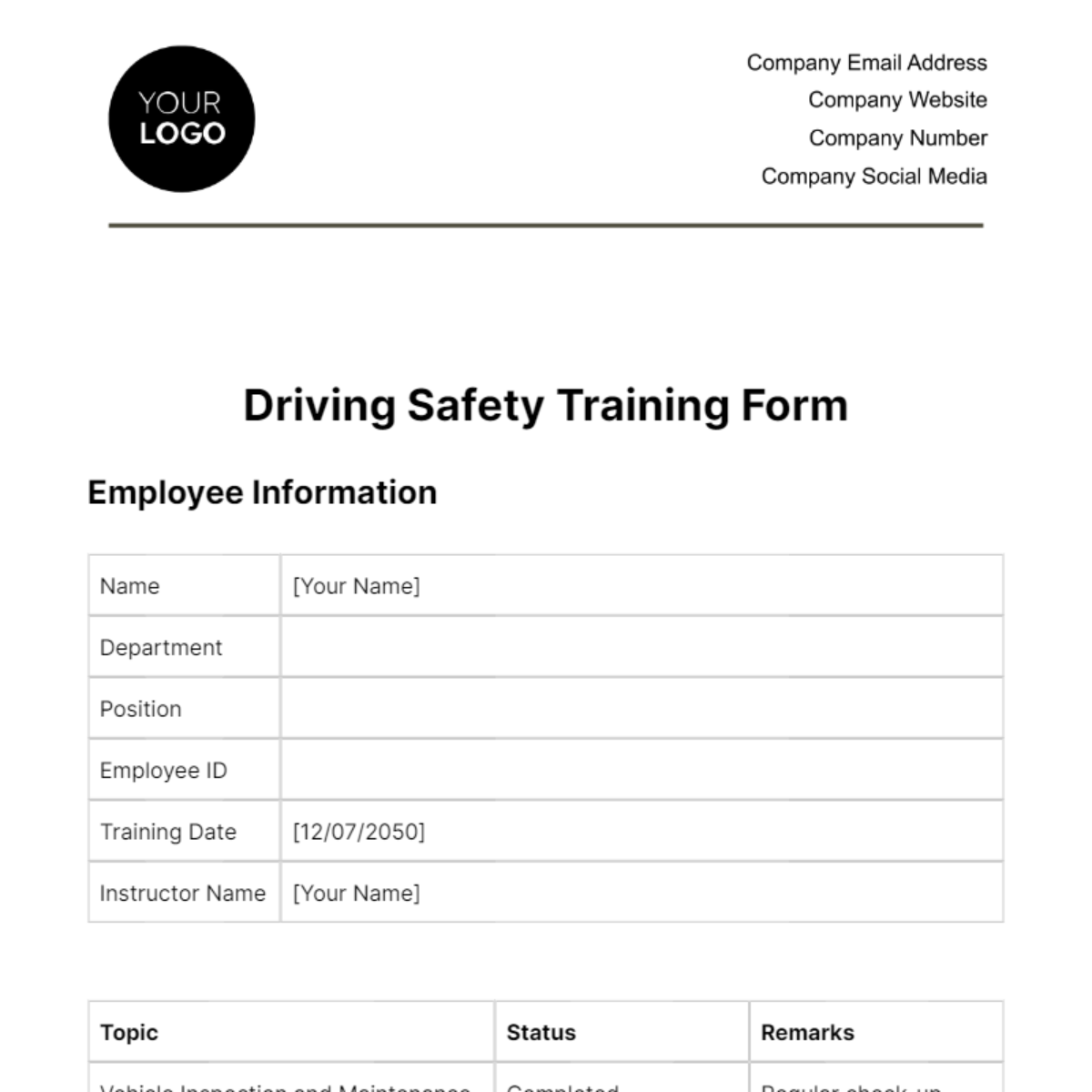 Driving Safety Training Form Template - Edit Online & Download Example ...