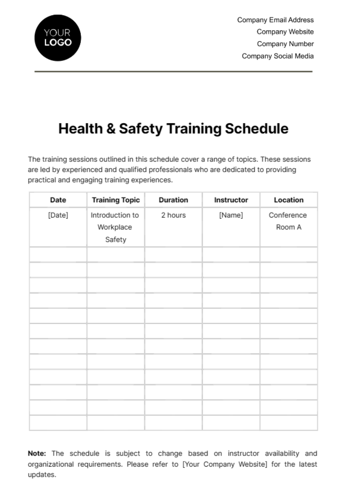 Health & Safety Training Schedule Template