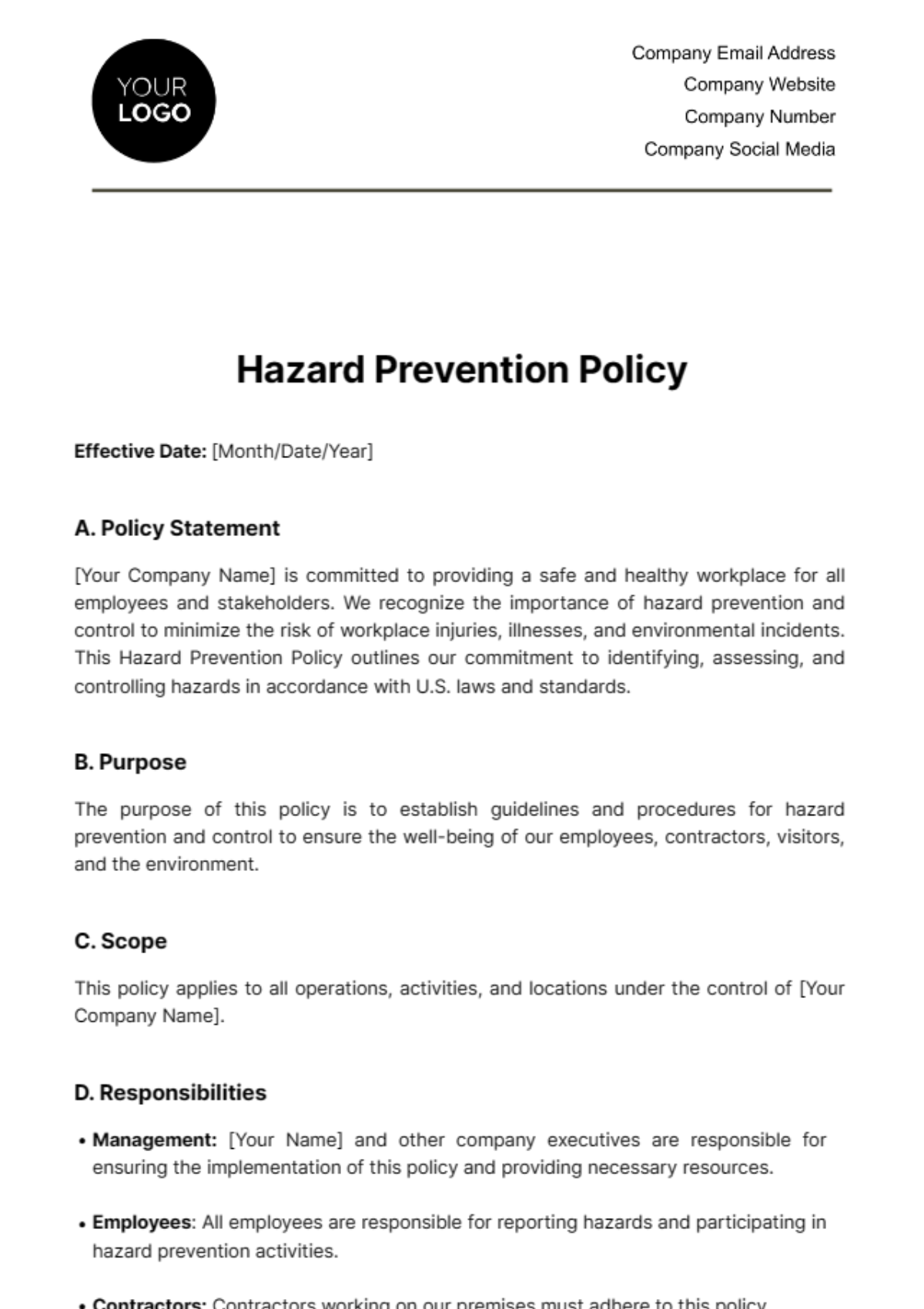 Hazard Prevention Policy Template - Edit Online & Download