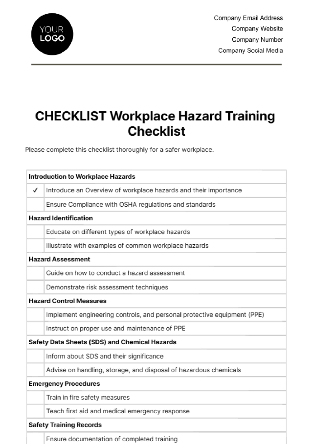 Workplace Hazard Training Checklist Template