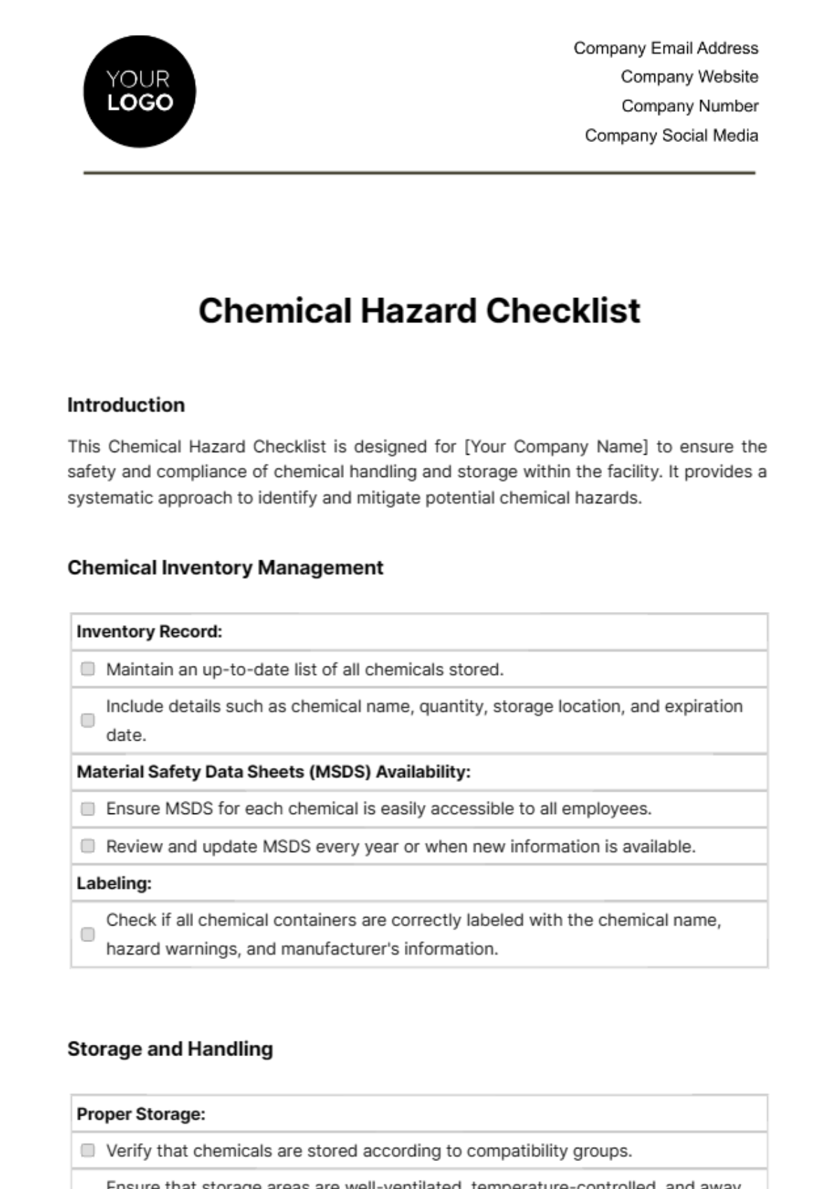 Chemical Hazard Checklist Template - Edit Online & Download