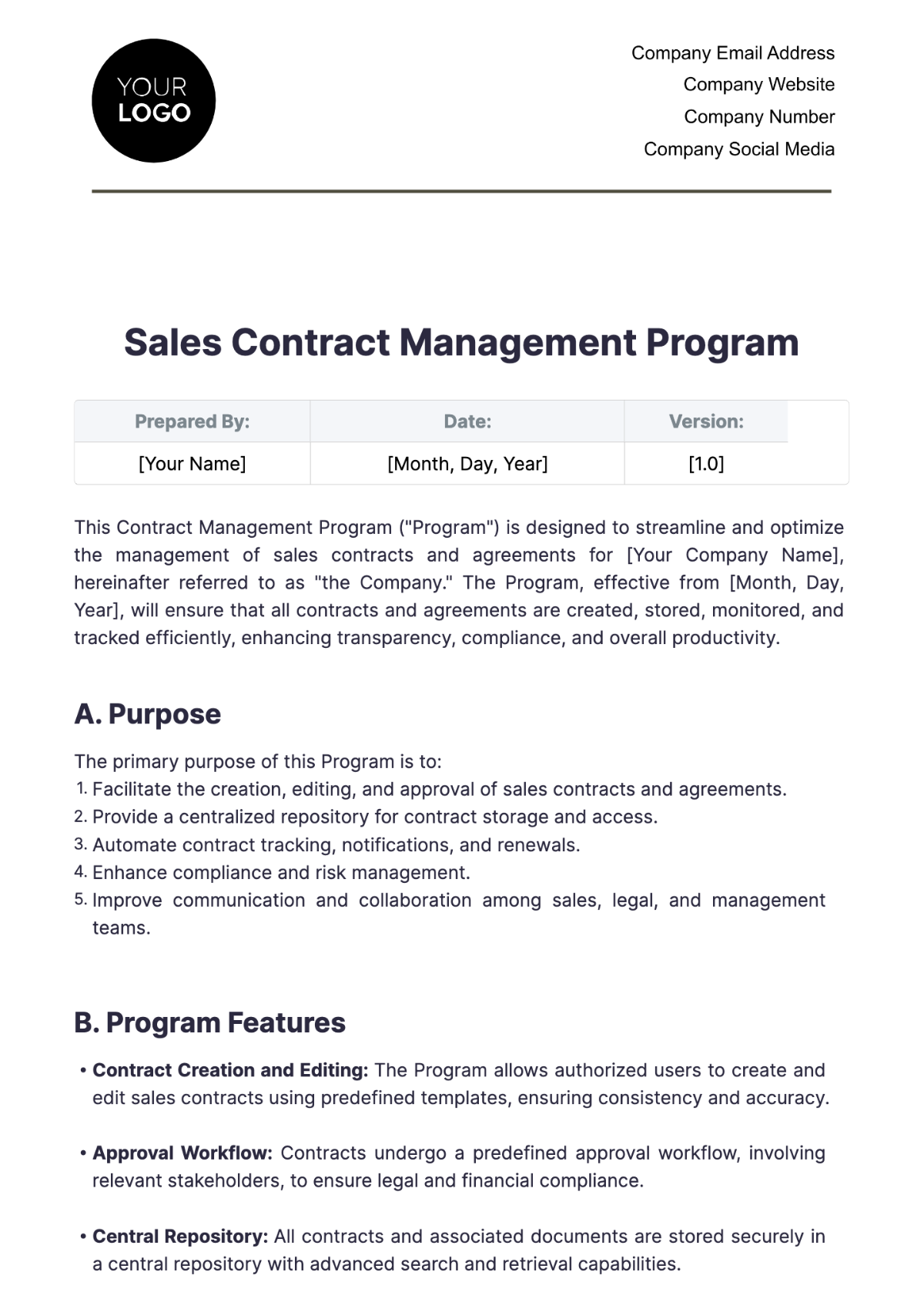 Sales Contract Management Program Template - Edit Online & Download