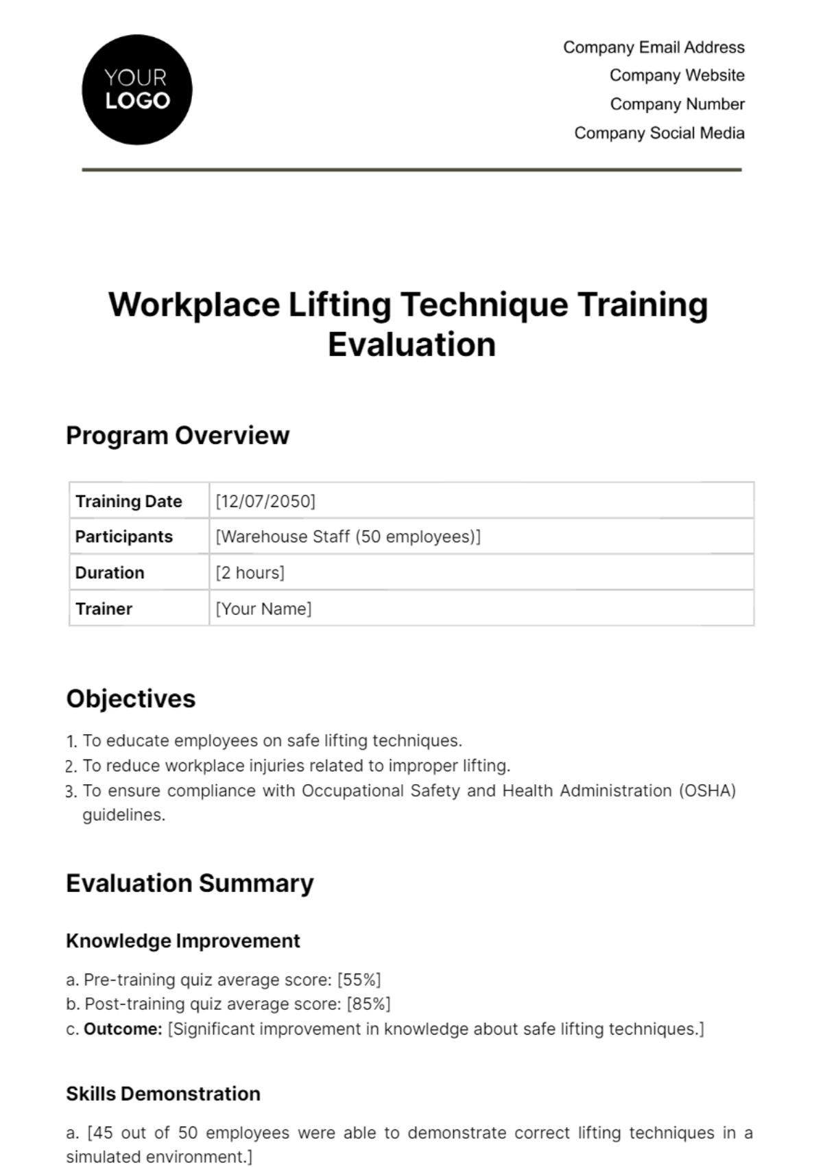 Free Workplace Lifting Technique Training Evaluation Template