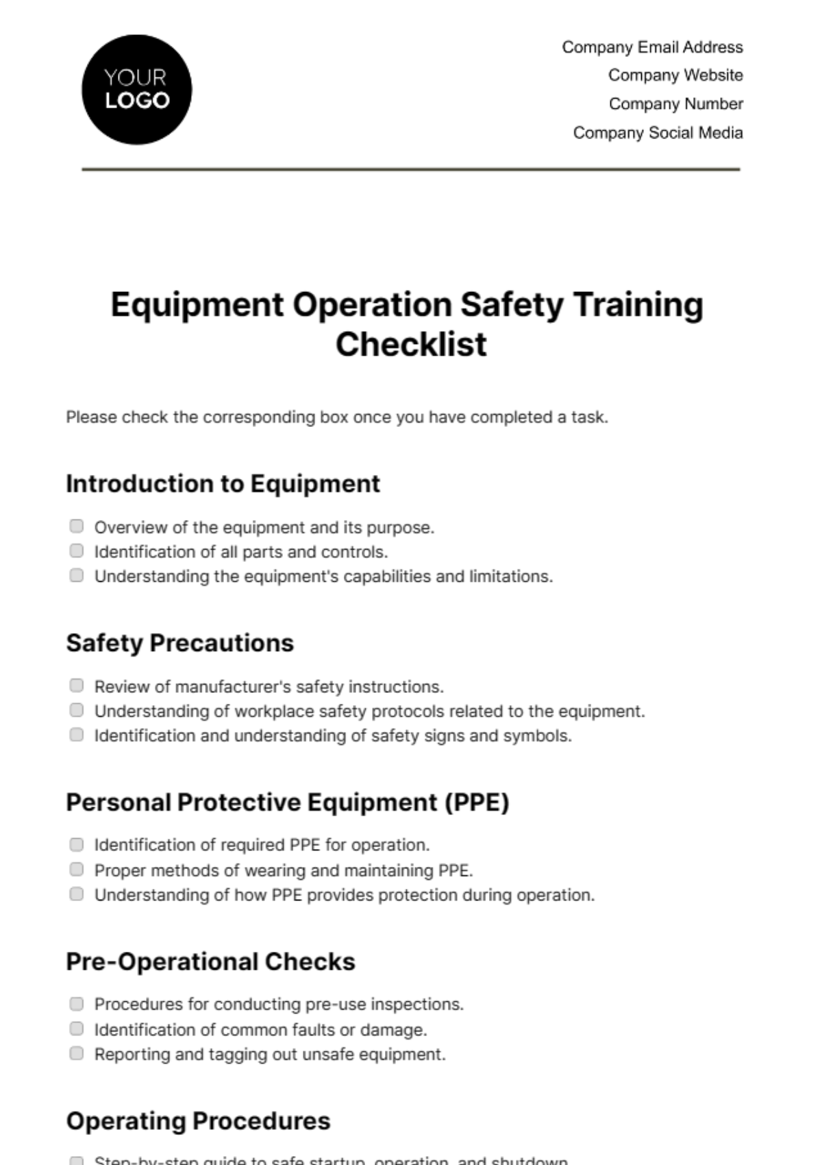Equipment Operation Safety Training Checklist Template