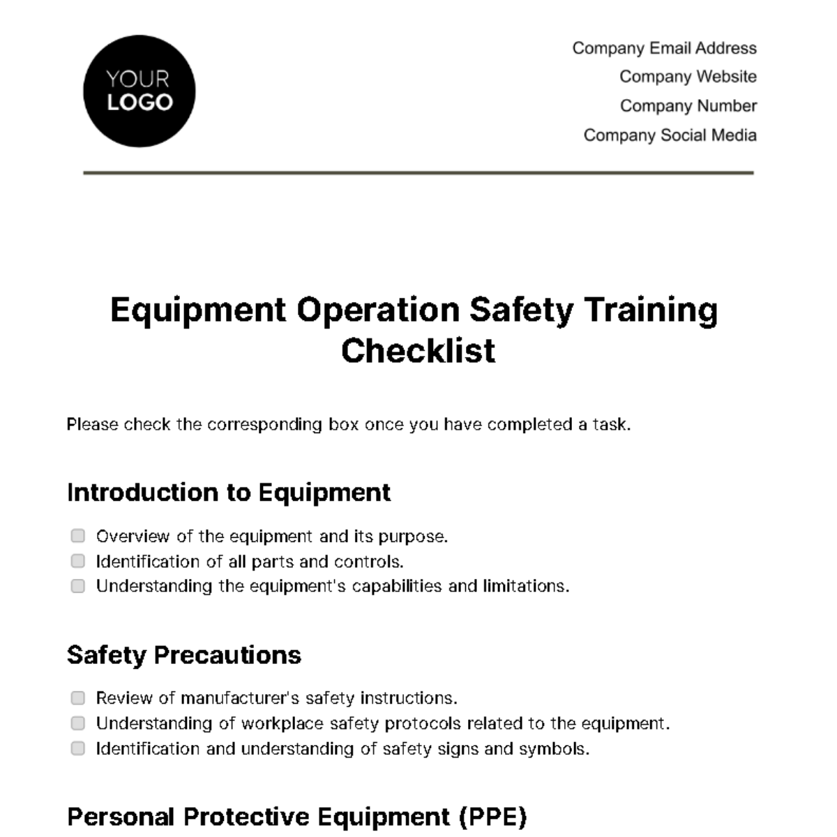 Equipment Operation Safety Training Checklist Template - Edit Online ...