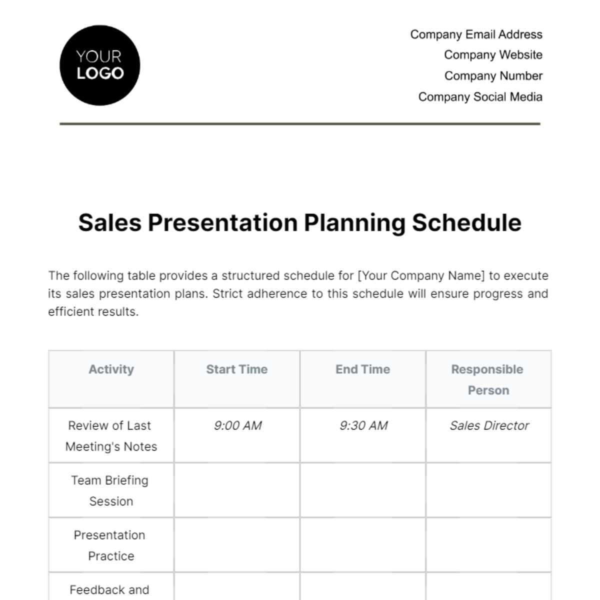 Free Sales Presentation Planning Schedule Template