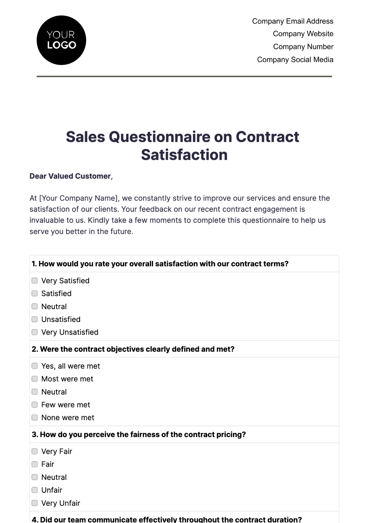 Sales Questionnaire on Contract Satisfaction Template - Edit Online & Download