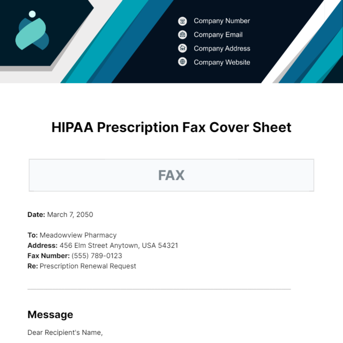 HIPAA Prescription Fax Cover Sheet