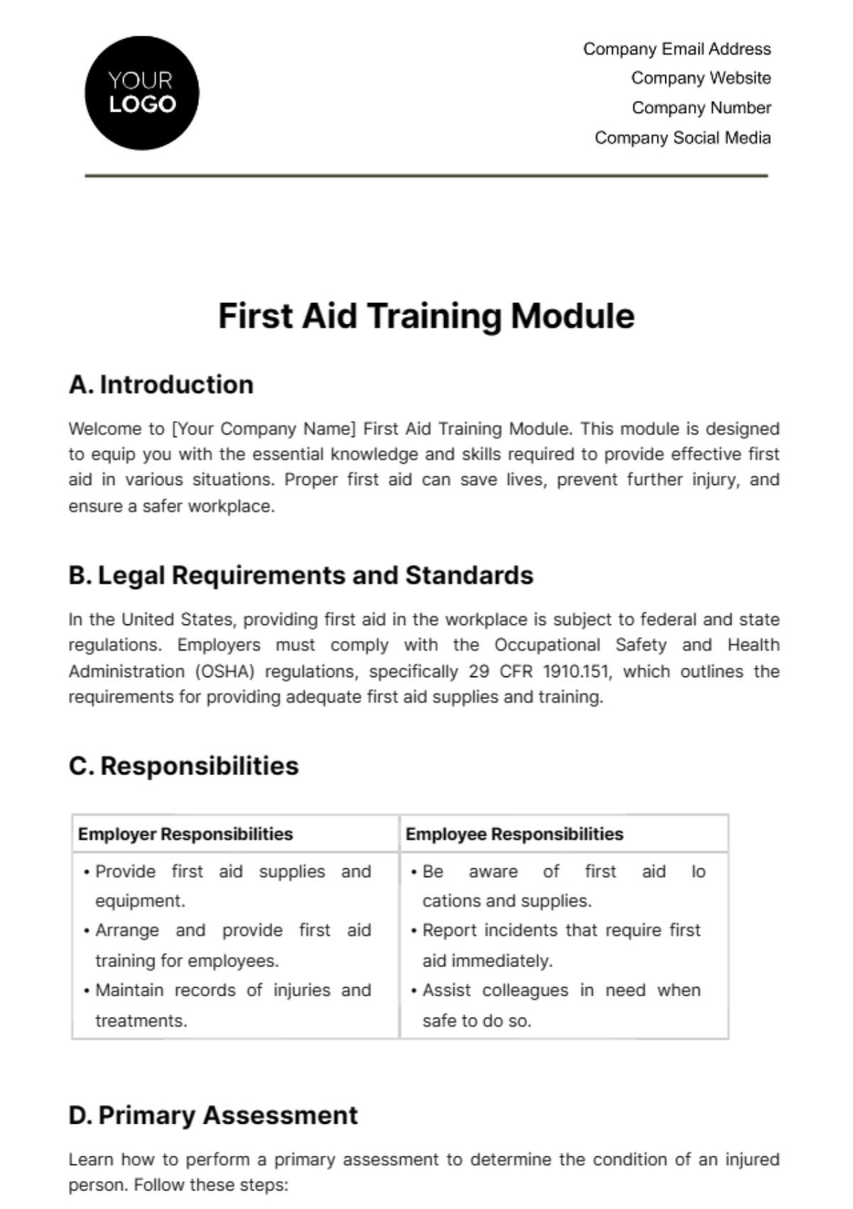 Free First Aid Training Module Template