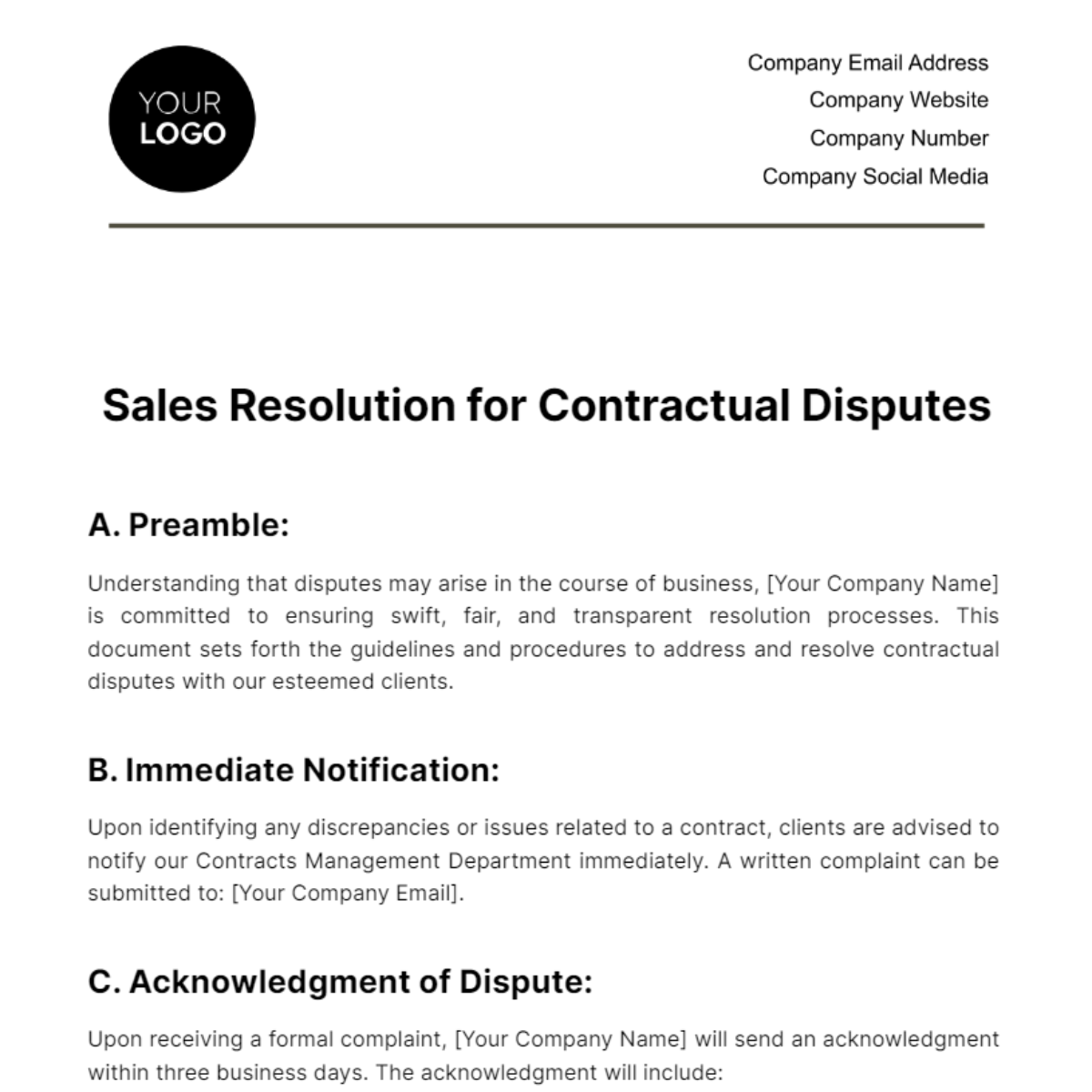 Free Sales Resolution for Contractual Disputes Template
