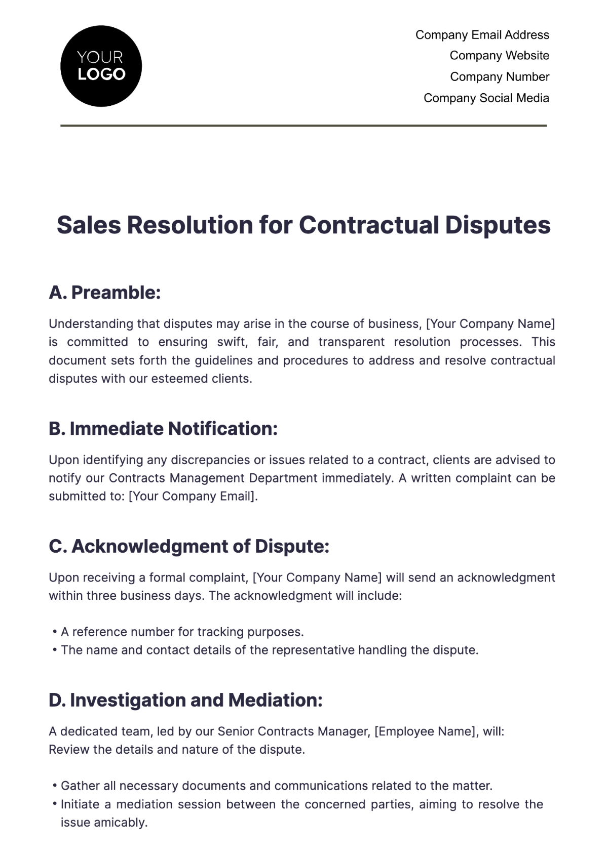 Sales Resolution for Contractual Disputes Template - Edit Online & Download