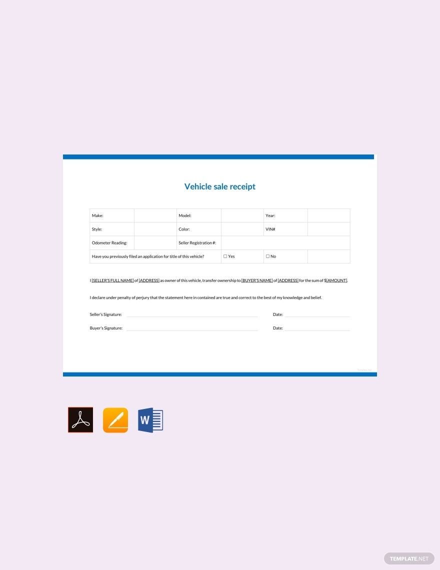 Vehicle Sale Receipt Template in Word, Google Docs, PDF, Google Sheets, Apple Pages