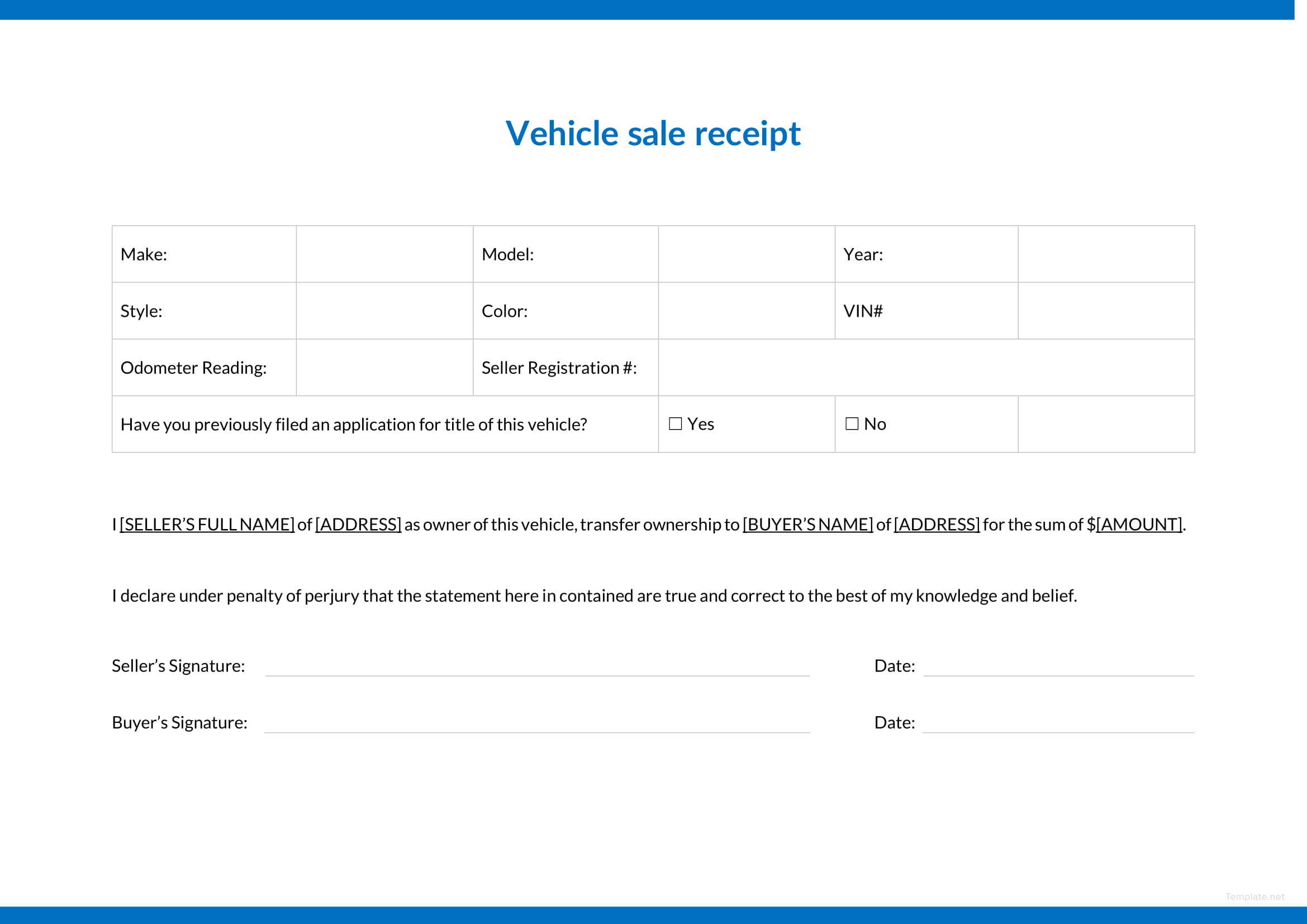 Vehicle Sale Receipt Template in Microsoft Word