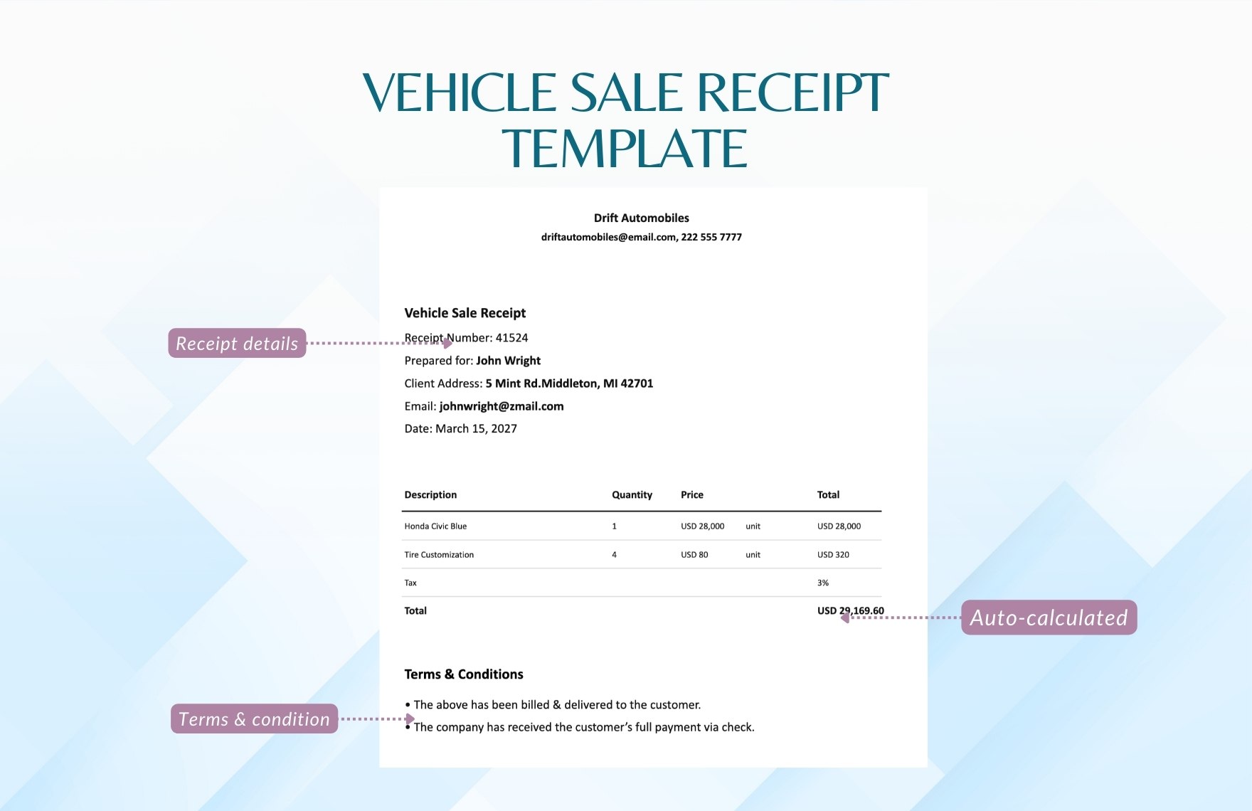 Vehicle Sale Receipt Template