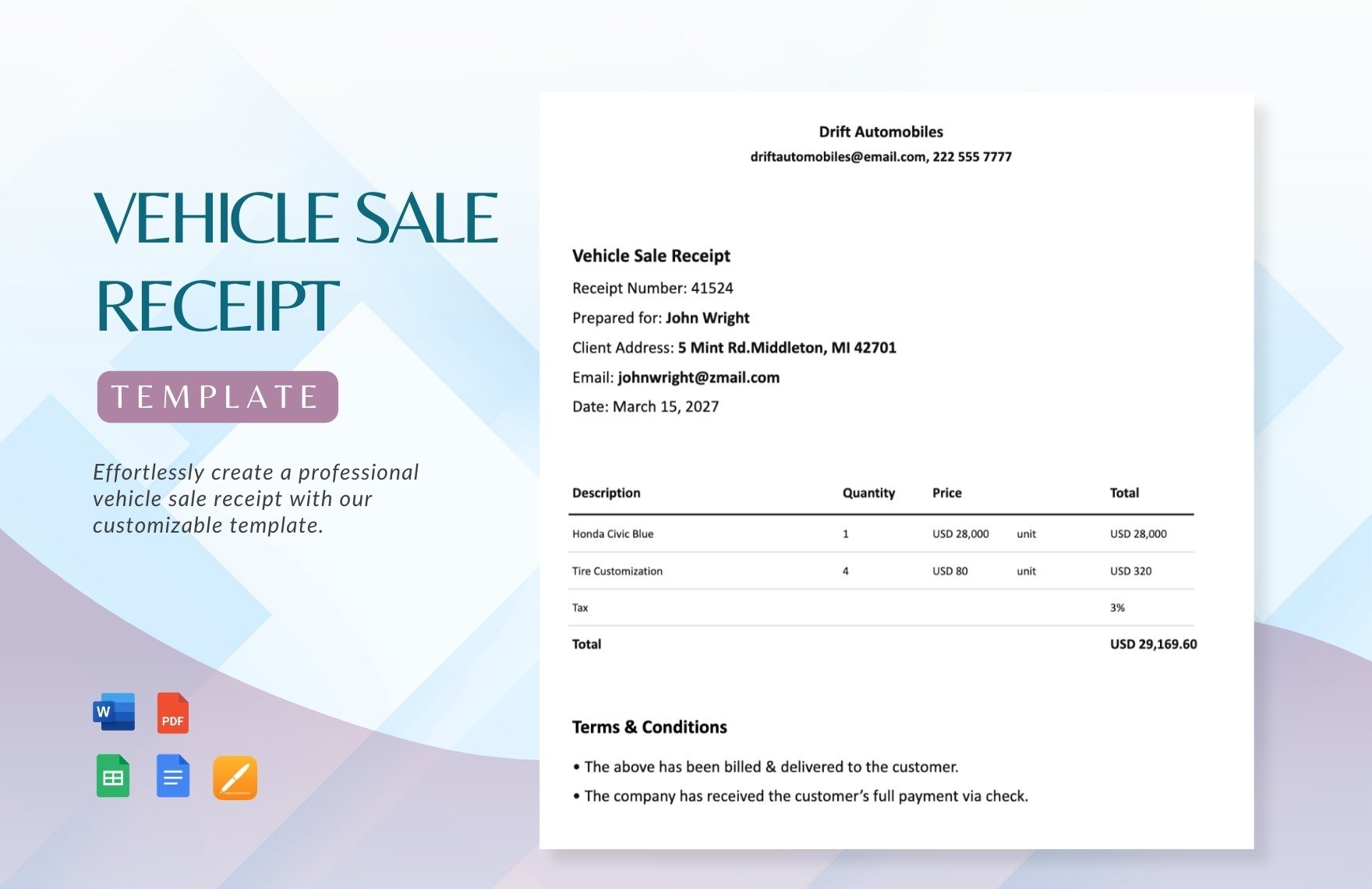 Vehicle Sale Receipt Template in Word, Google Docs, PDF, Google Sheets, Apple Pages