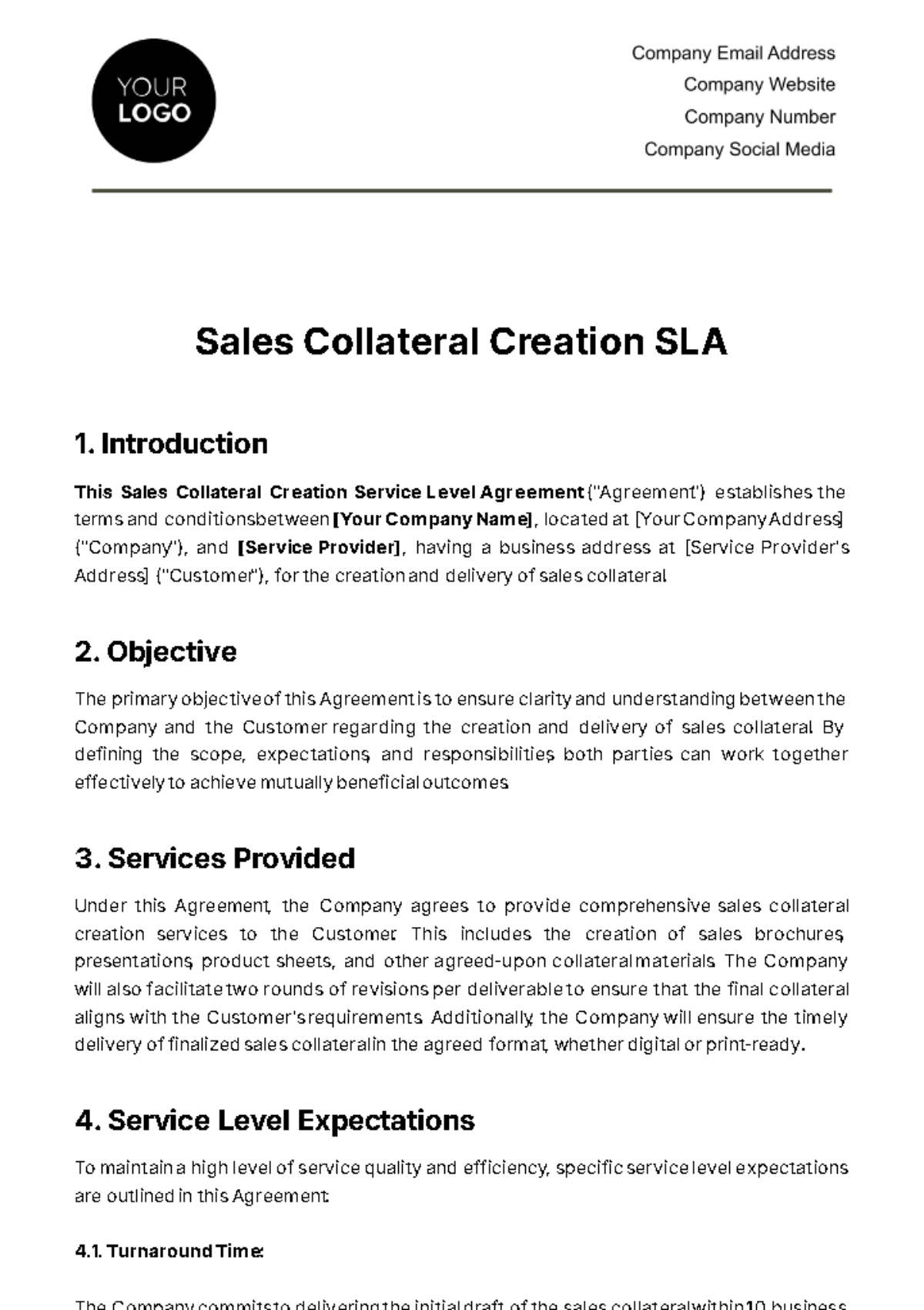 Free Sales Collateral Creation SLA Template
