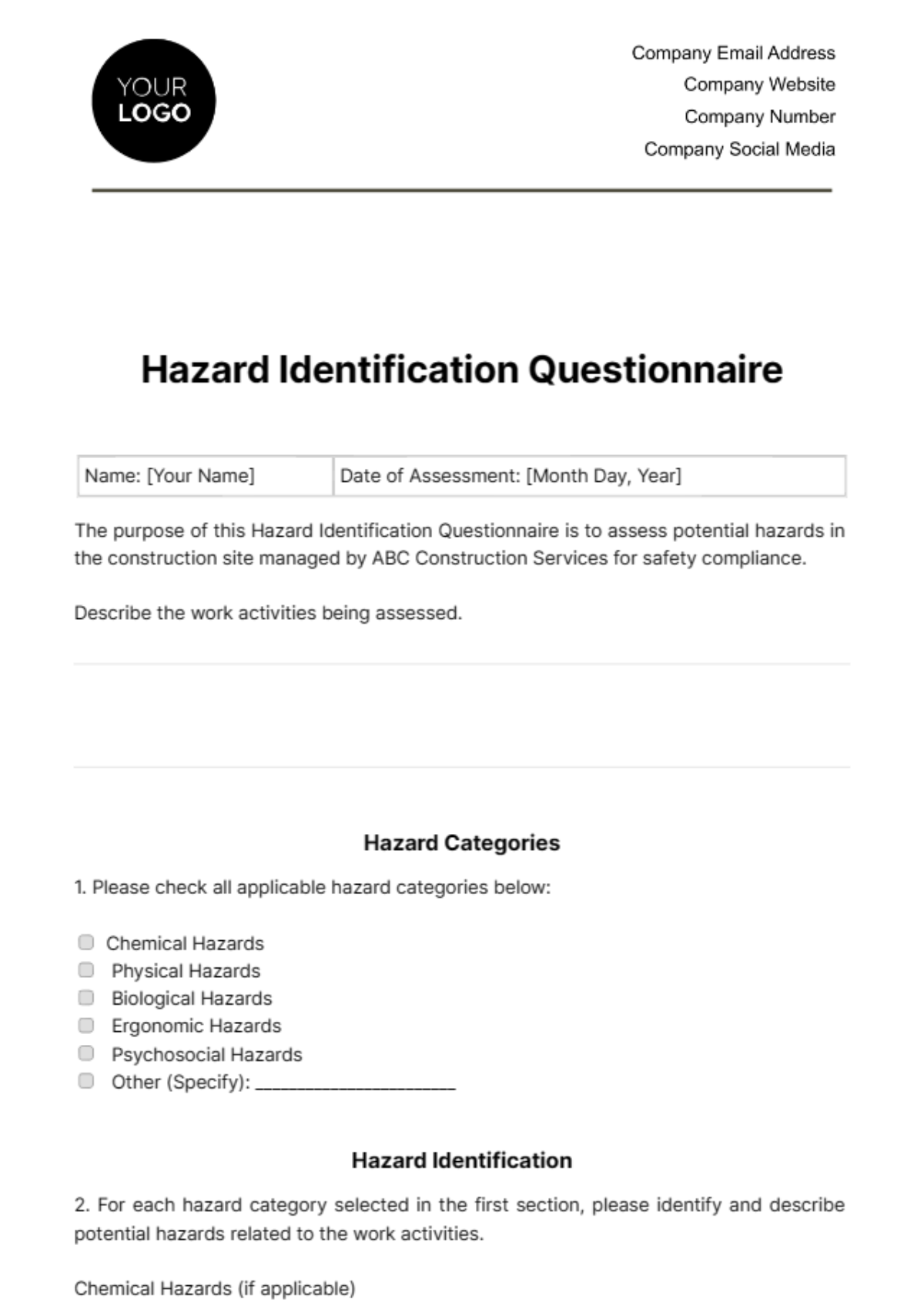 Hazard Identification Questionnaire Template - Edit Online & Download