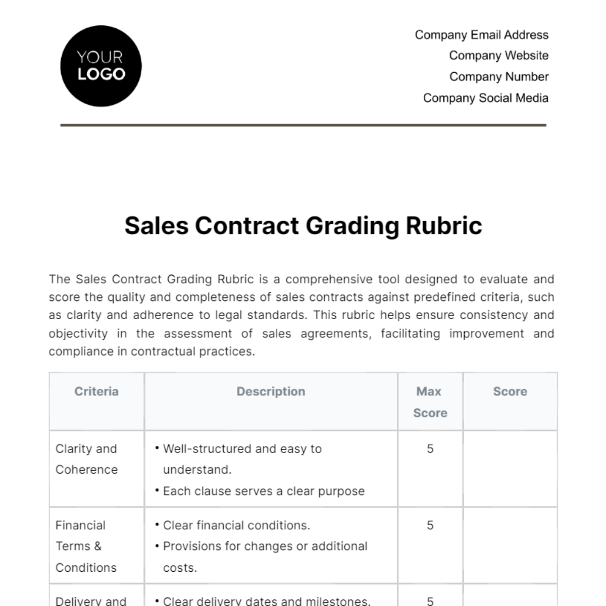 Free Sales Contract Grading Rubric Template