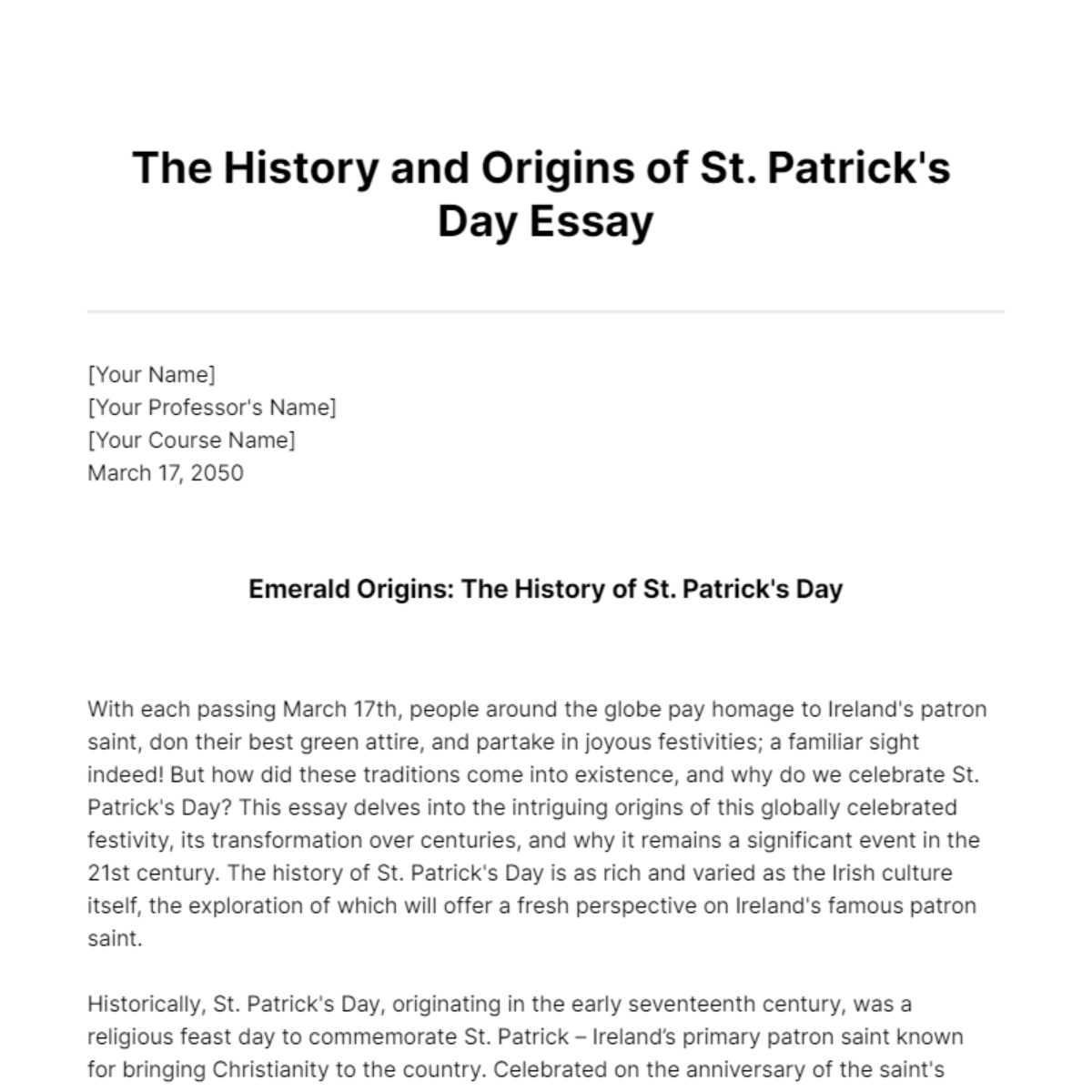 The History and Origins of St. Patrick's Day Essay Template - Edit ...