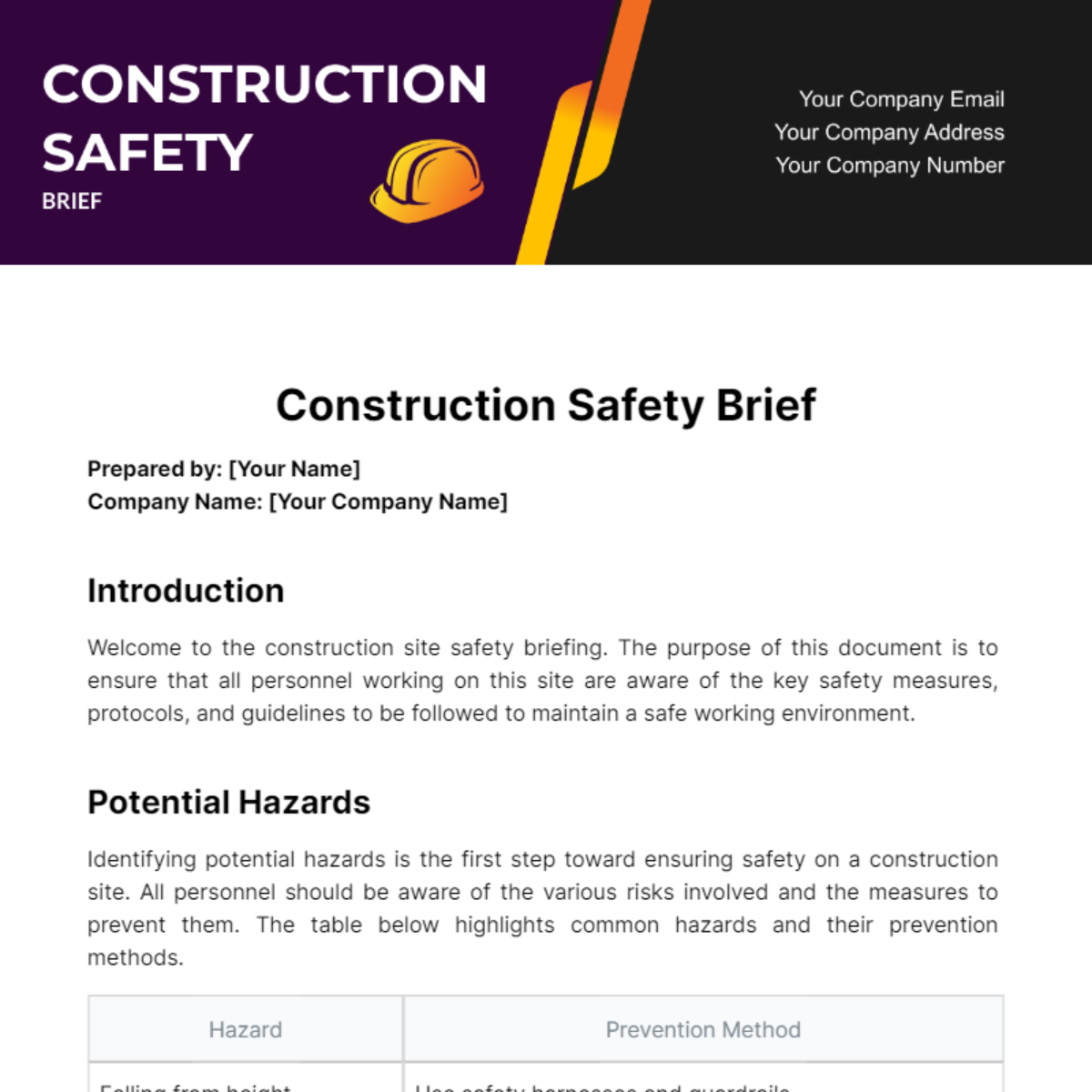 Construction Safety Brief Template - Edit Online & Download