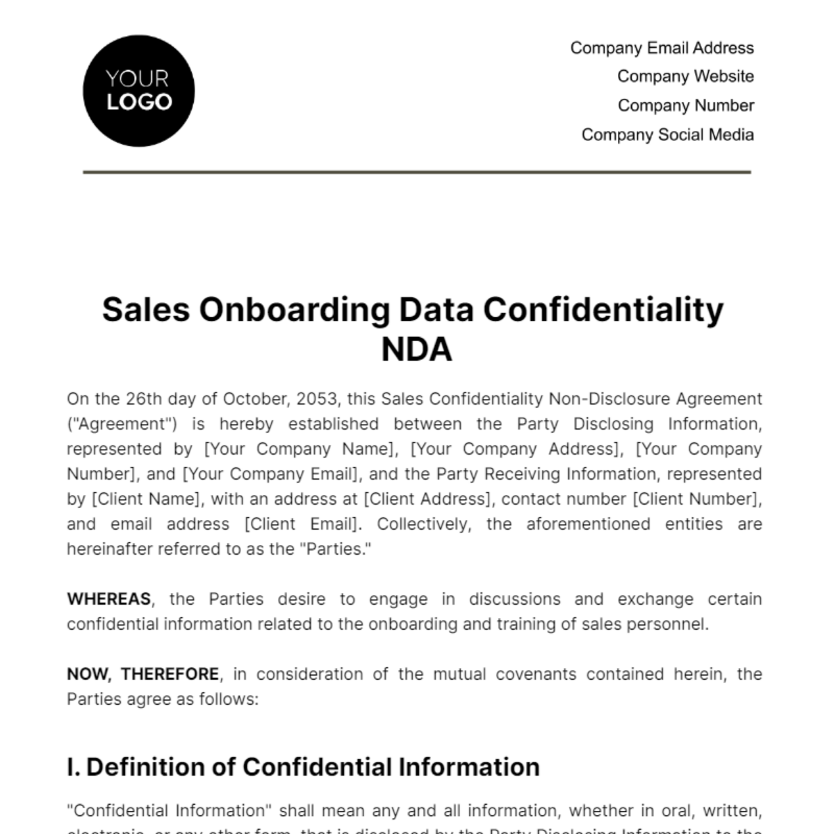 Free Sales Onboarding Data Confidentiality NDA Template