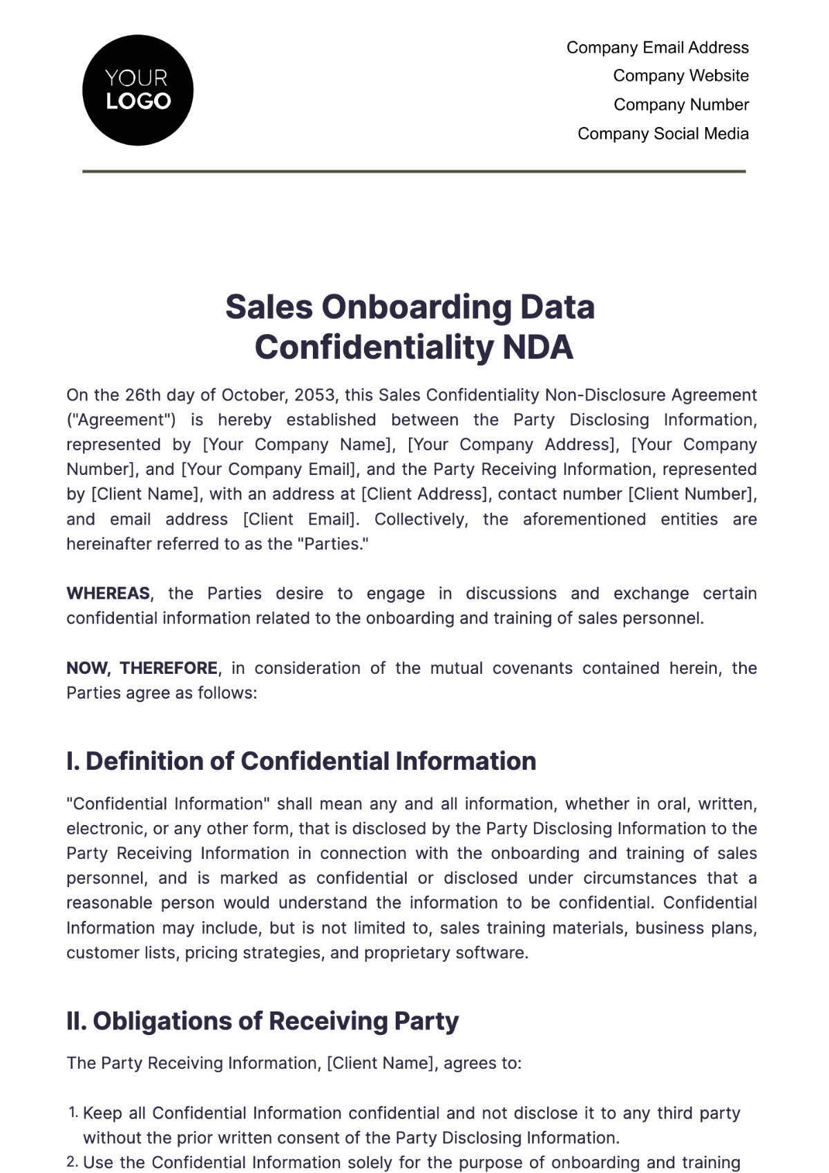 Sales Onboarding Data Confidentiality NDA Template - Edit Online & Download