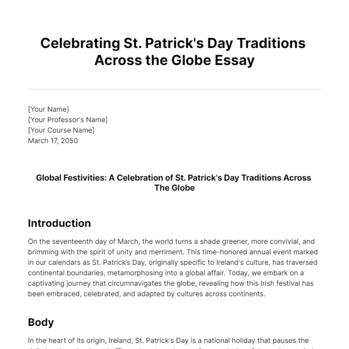 Celebrating St. Patrick's Day Traditions Across the Globe Essay Template - Edit Online & Download