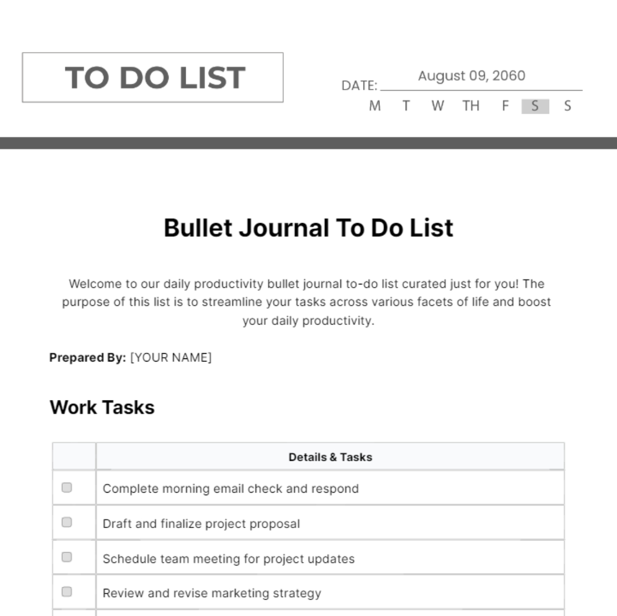 Bullet Journal To Do List Template