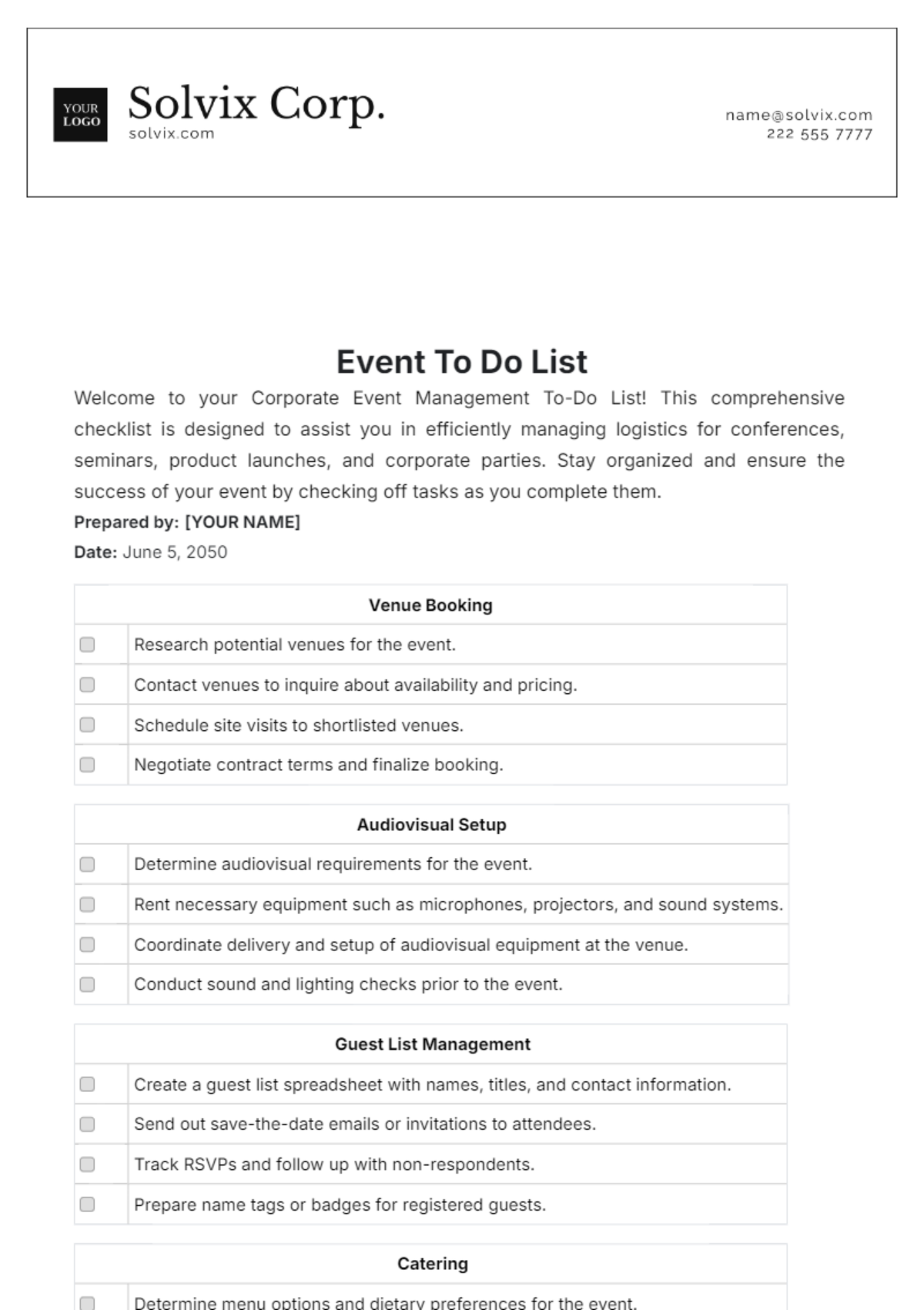 Event To Do List Template