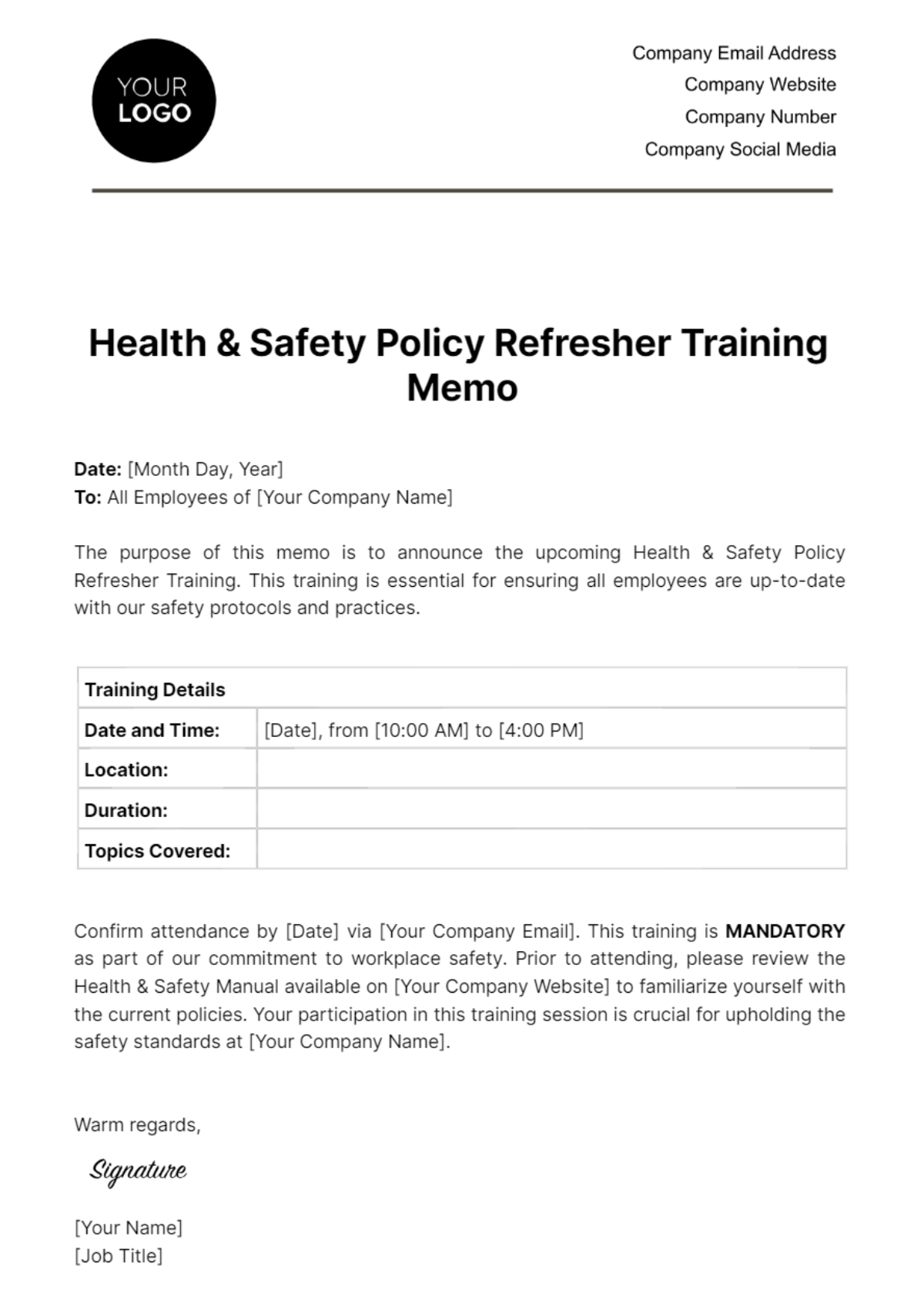 Health & Safety Policy Refresher Training Memo Template