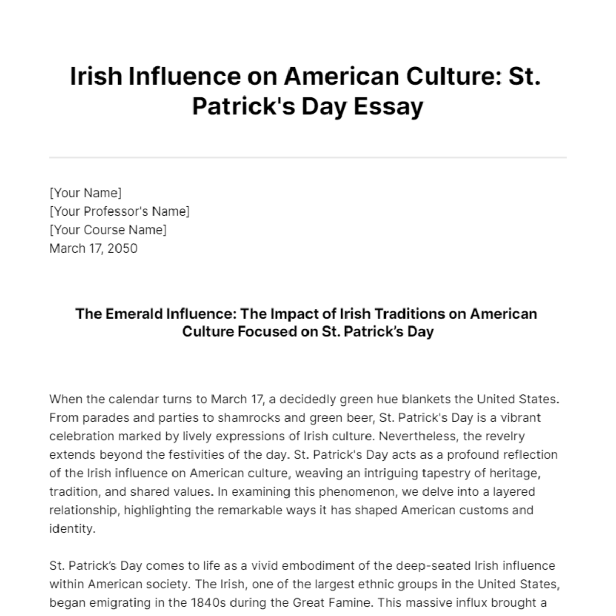 Irish Influence on American Culture: St. Patrick's Day Essay Template - Edit Online & Download