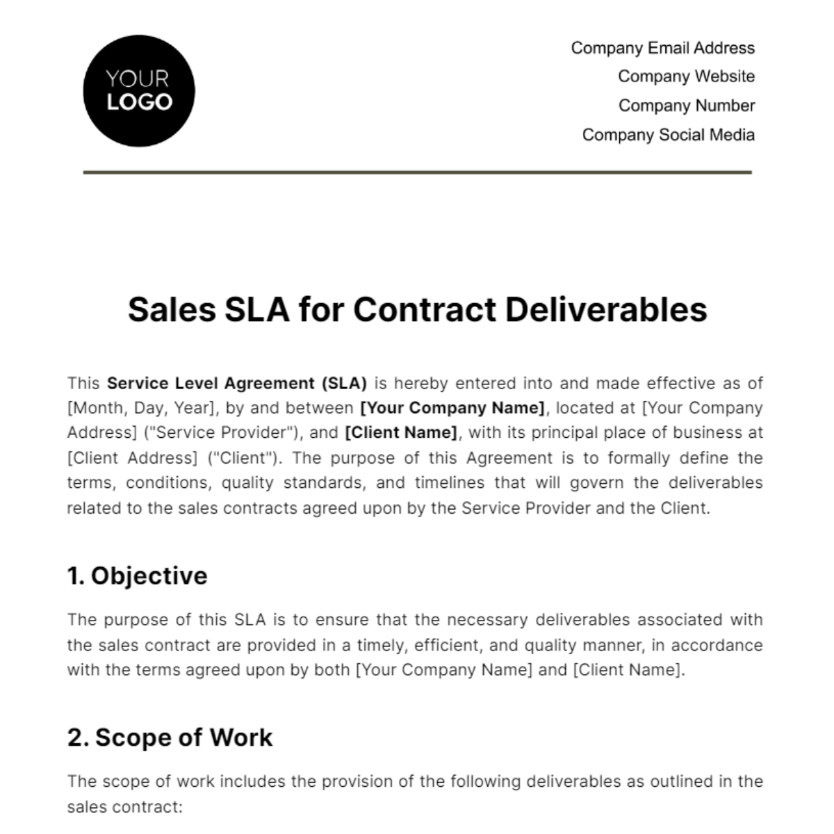 Free Sales SLA for Contract Deliverables Template