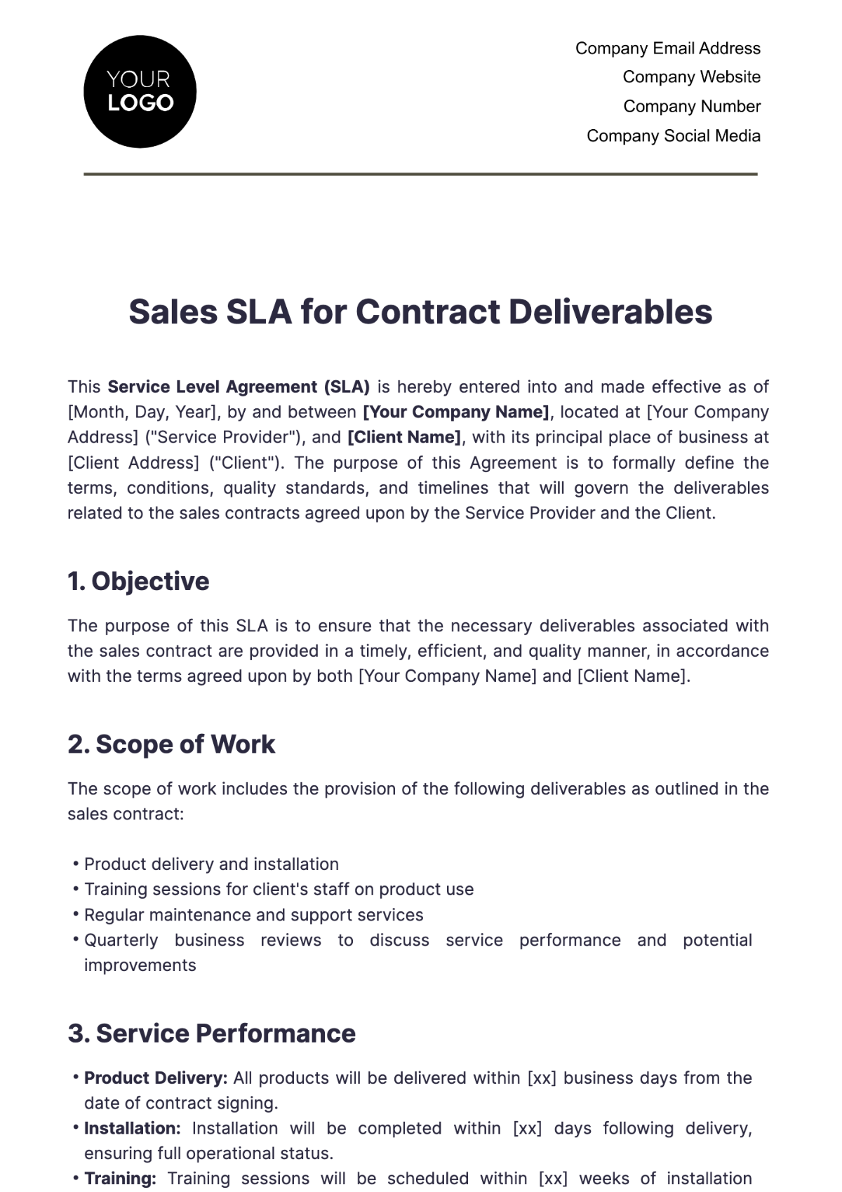 Sales SLA for Contract Deliverables Template - Edit Online & Download