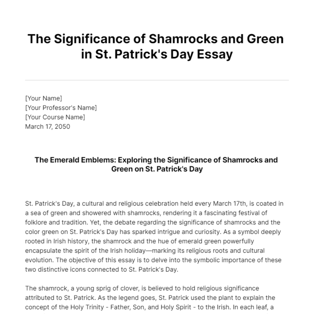 The Significance of Shamrocks and Green in St. Patrick's Day Essay Template - Edit Online & Download