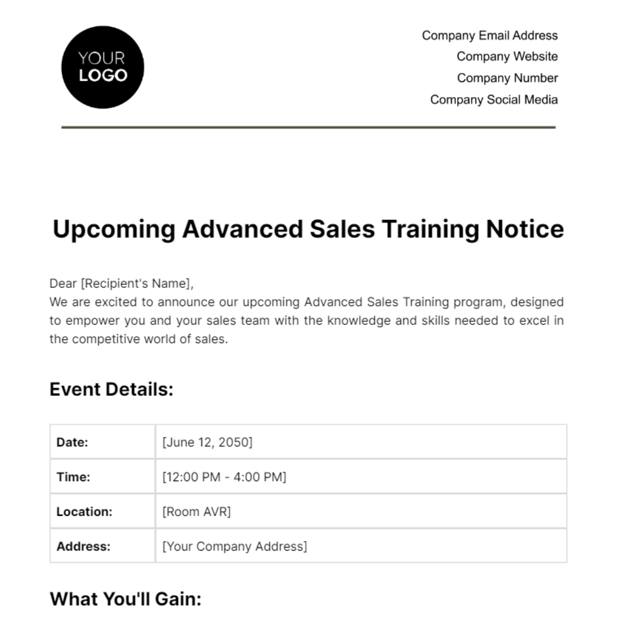 Free Upcoming Advanced Sales Training Notice Template