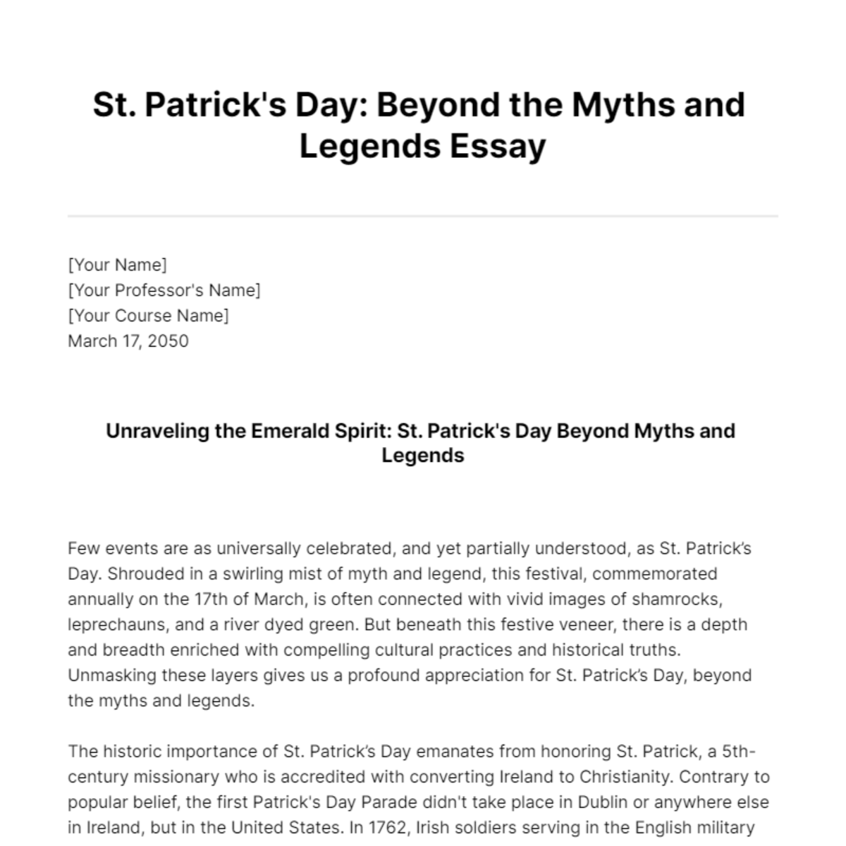 St. Patrick's Day: Beyond the Myths and Legends Essay Template - Edit Online & Download