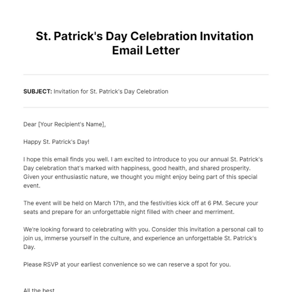 St. Patrick's Day Celebration Invitation Email Letter Template - Edit Online & Download