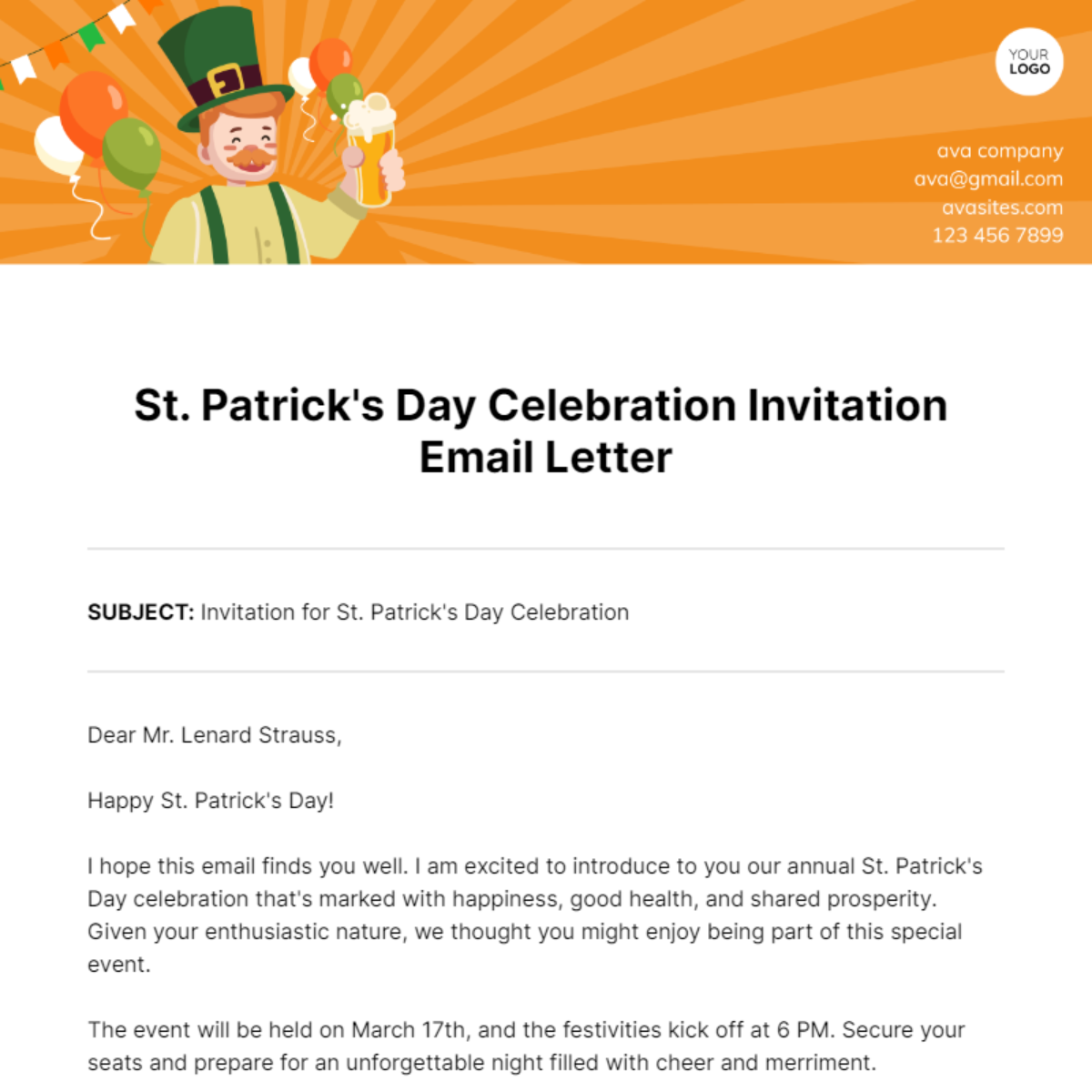 St. Patrick's Day Celebration Invitation Email Letter Template