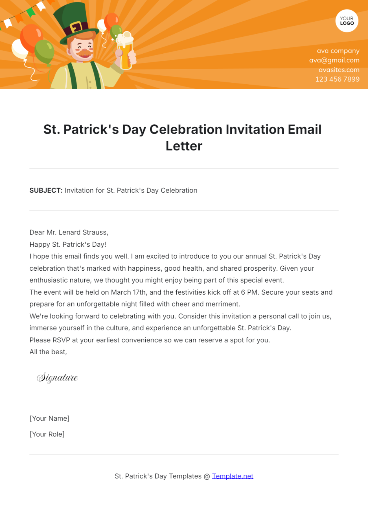 St. Patrick's Day Celebration Invitation Email Letter Template - Edit Online & Download