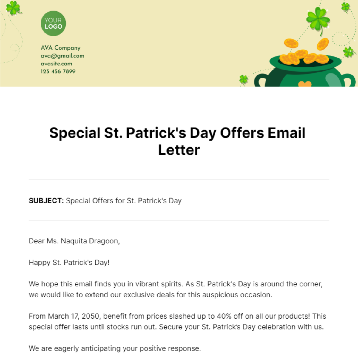 Free Special St. Patrick's Day Offers Email Letter Template