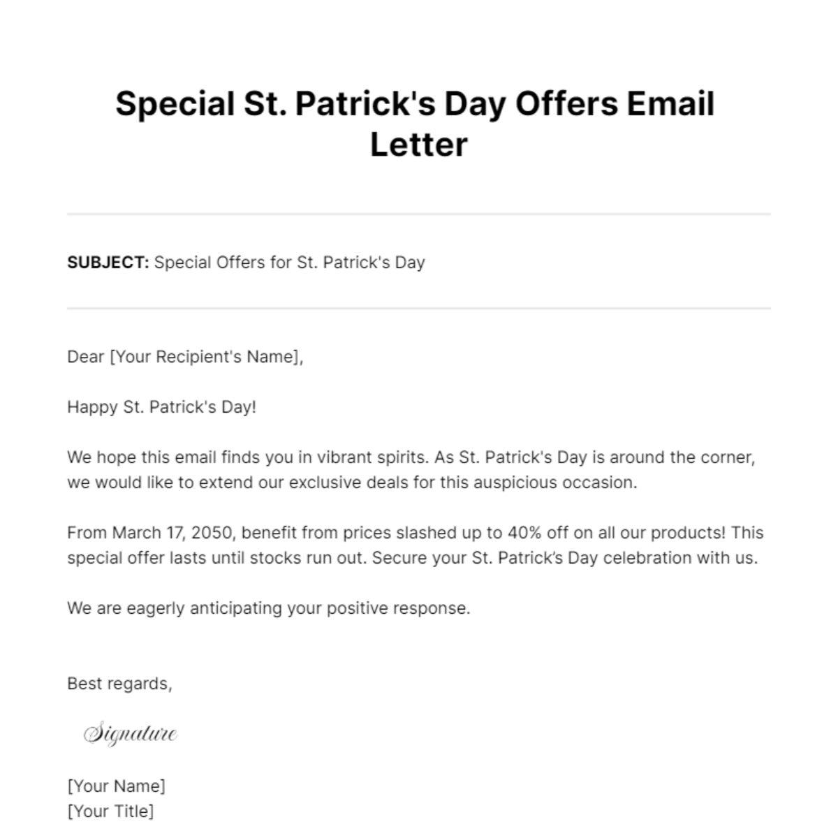 Special St. Patrick's Day Offers Email Letter Template - Edit Online & Download