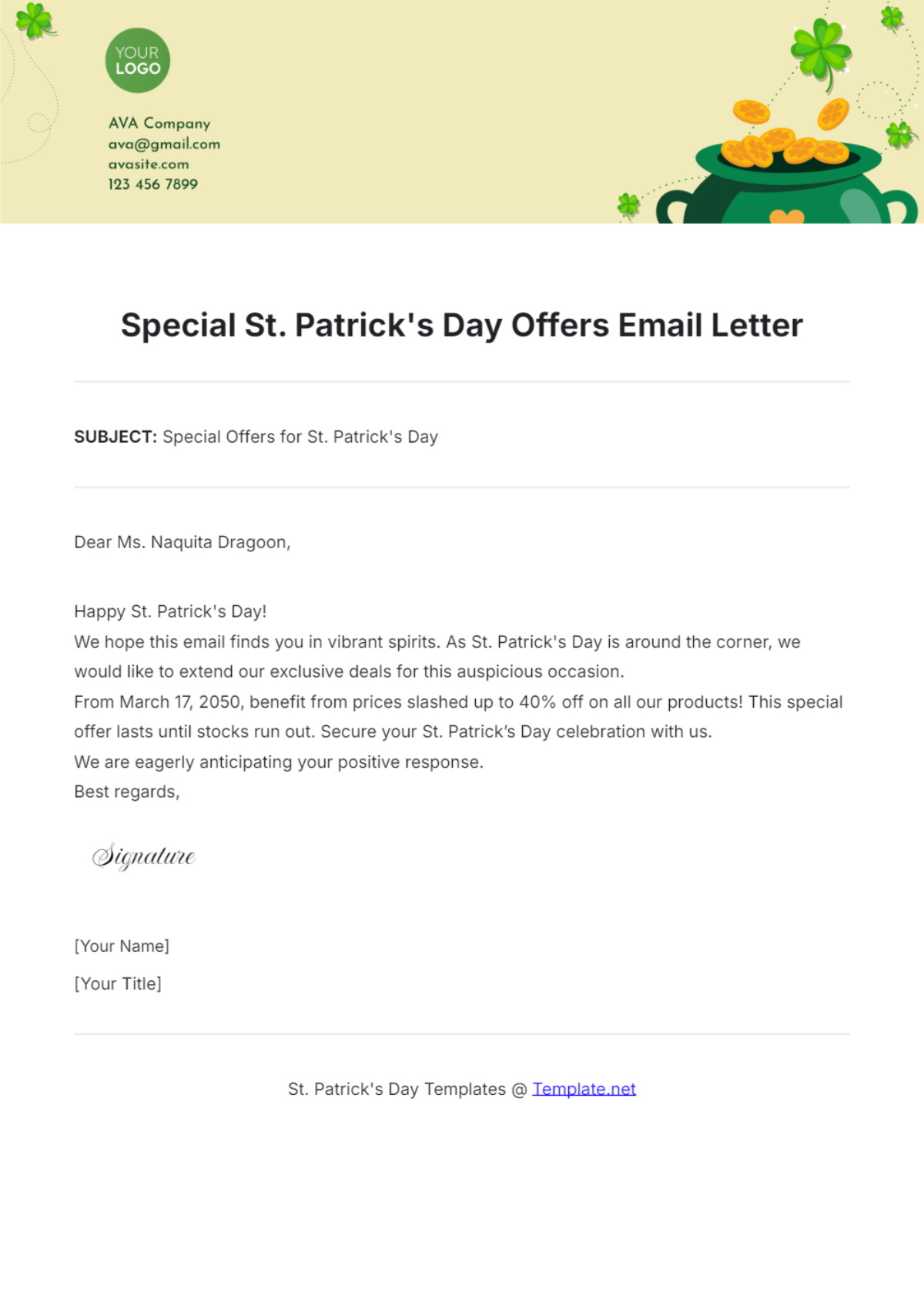 Special St. Patrick's Day Offers Email Letter Template - Edit Online & Download