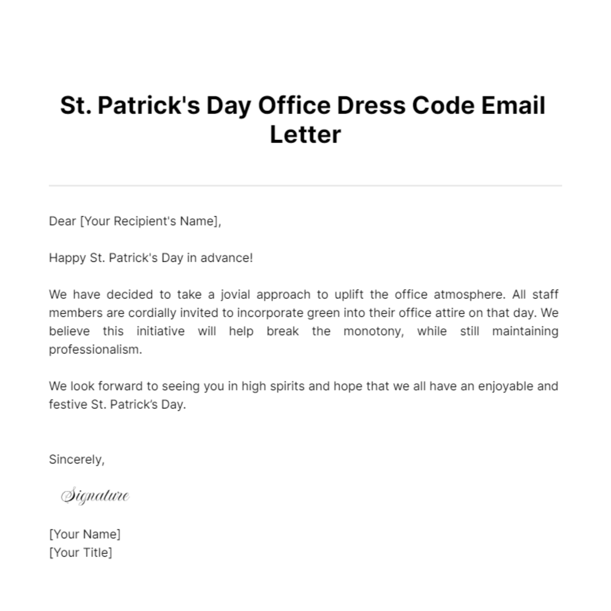 St. Patrick's Day Office Dress Code Email Letter Template - Edit Online & Download