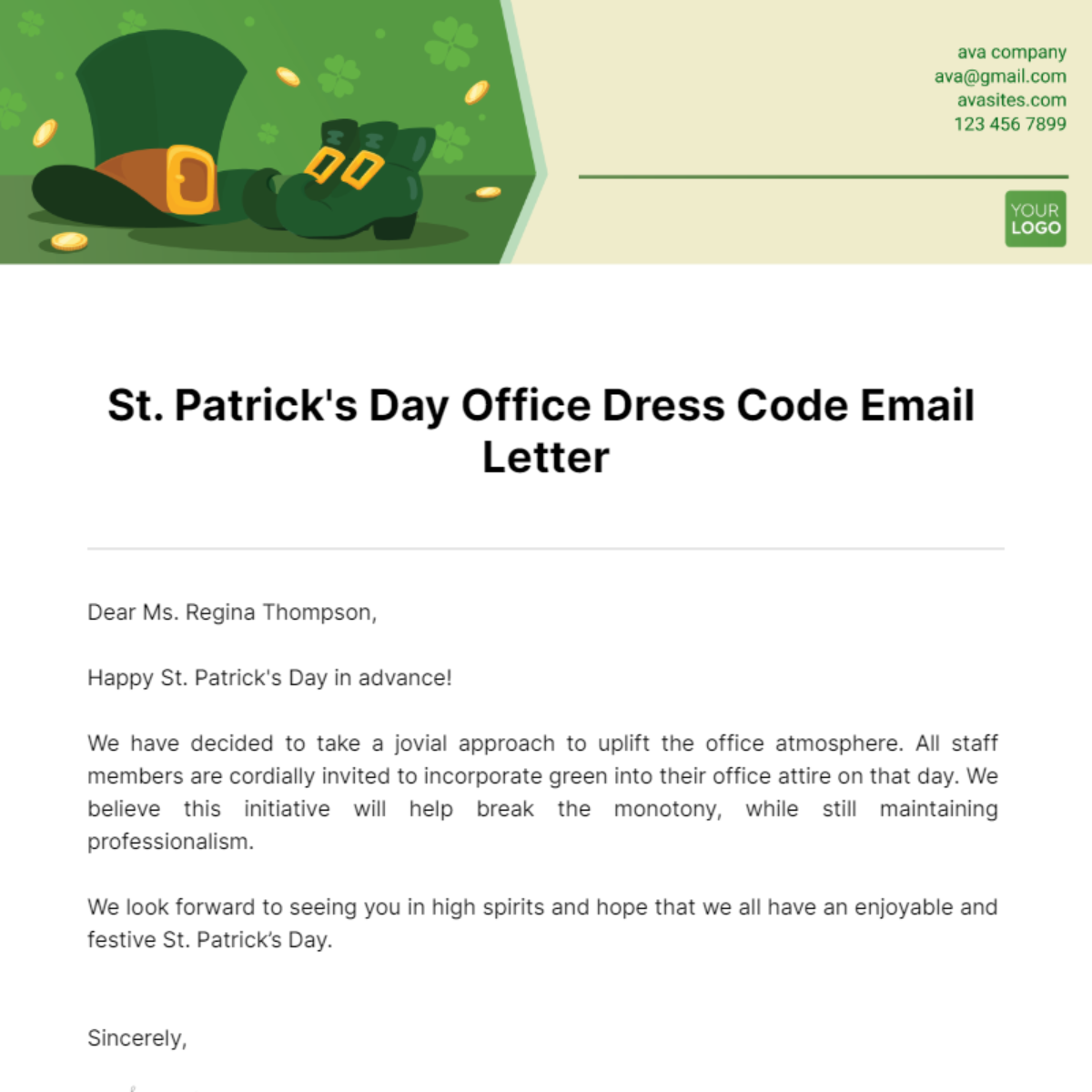 St. Patrick's Day Office Dress Code Email Letter Template
