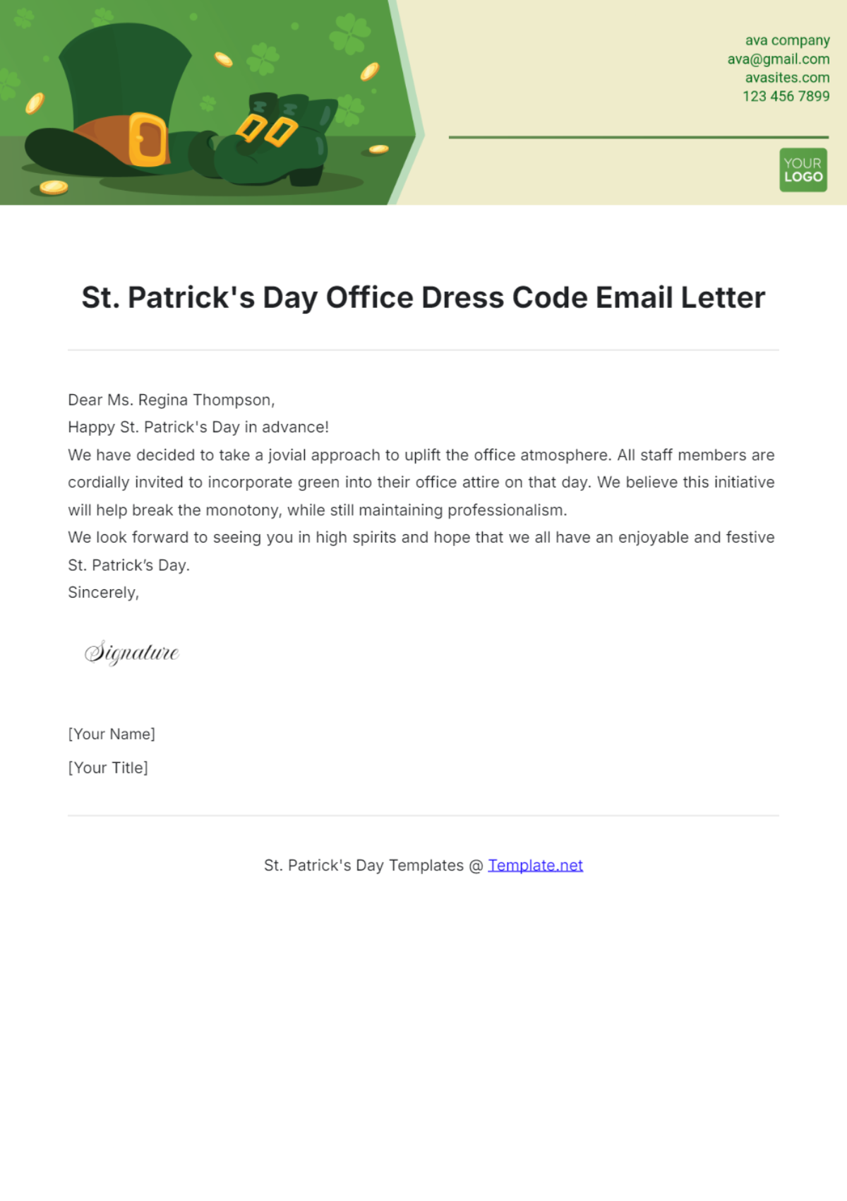 St. Patrick's Day Office Dress Code Email Letter Template - Edit Online & Download