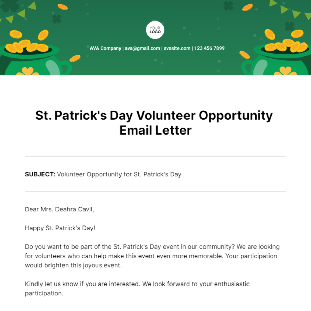 St. Patrick's Day Volunteer Opportunity Email Letter Template