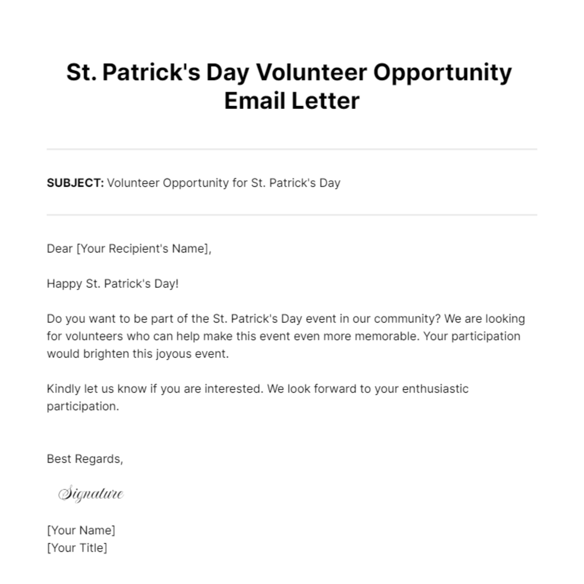 St. Patrick's Day Volunteer Opportunity Email Letter Template - Edit Online & Download