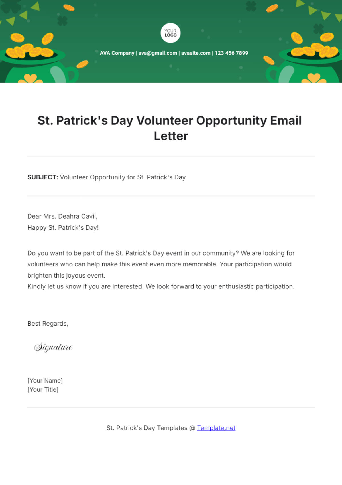 St. Patrick's Day Volunteer Opportunity Email Letter Template - Edit Online & Download