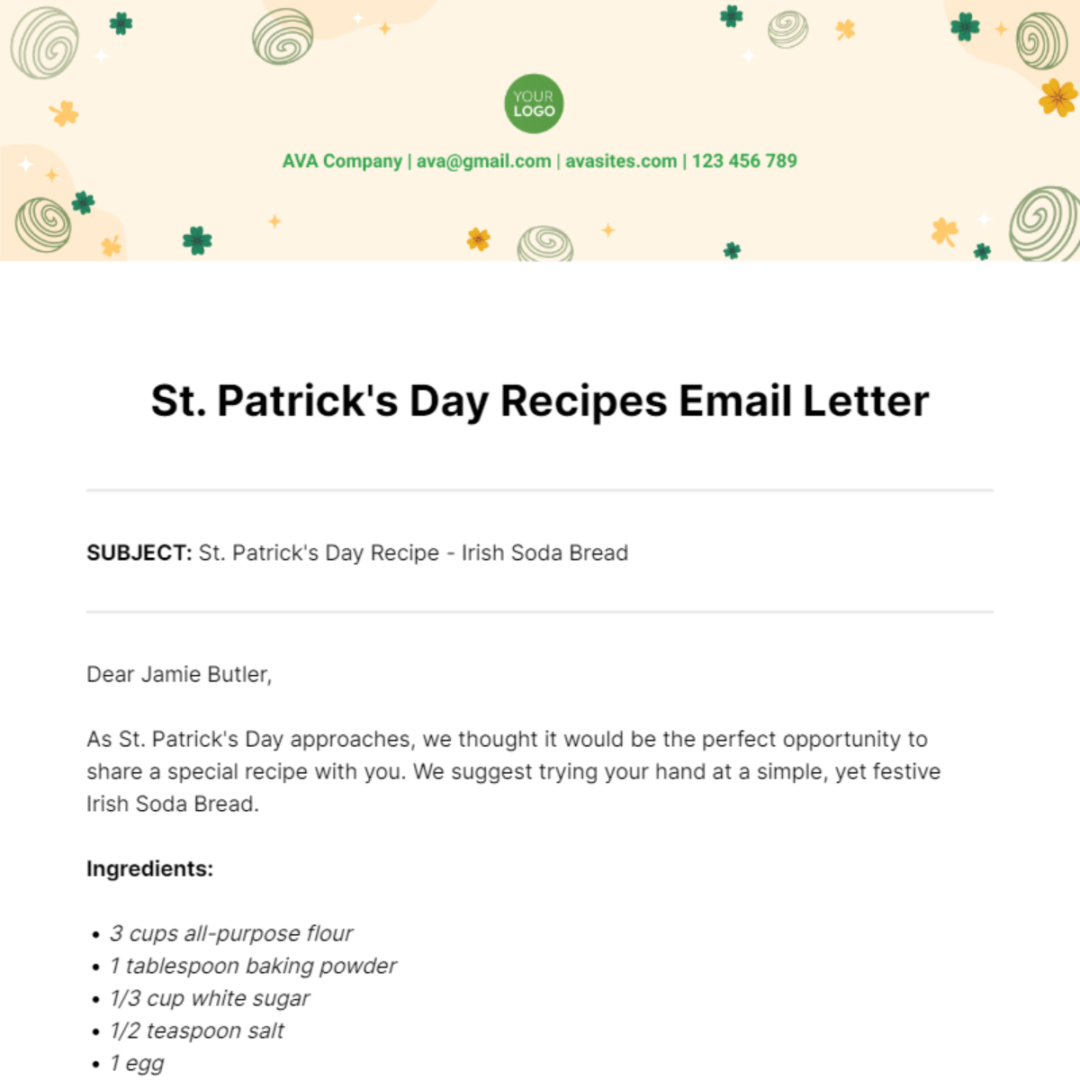 Free St. Patrick's Day Recipes Email Letter Template